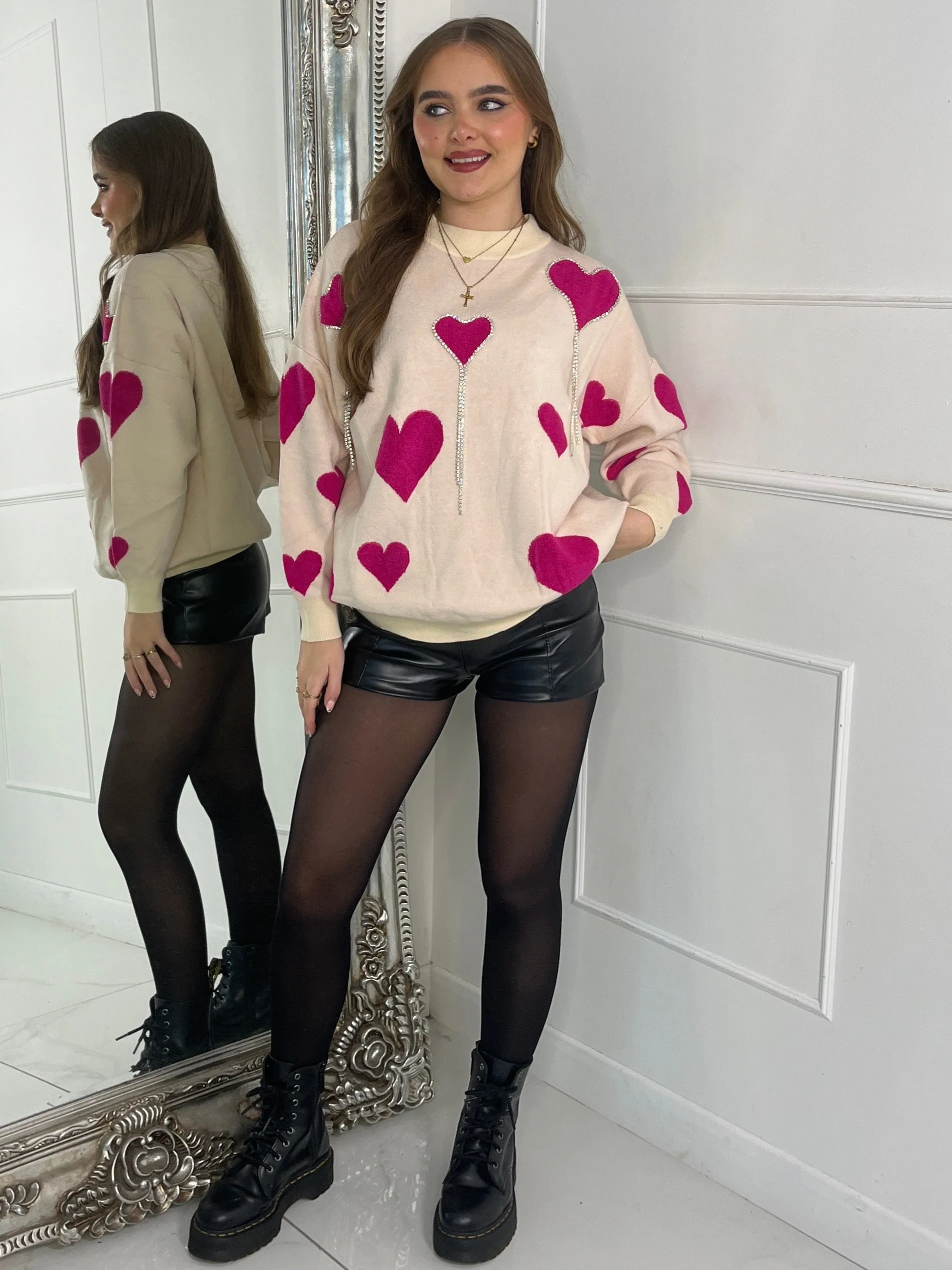 Diamante Heart Jumper - Cream W Cerise Hearts