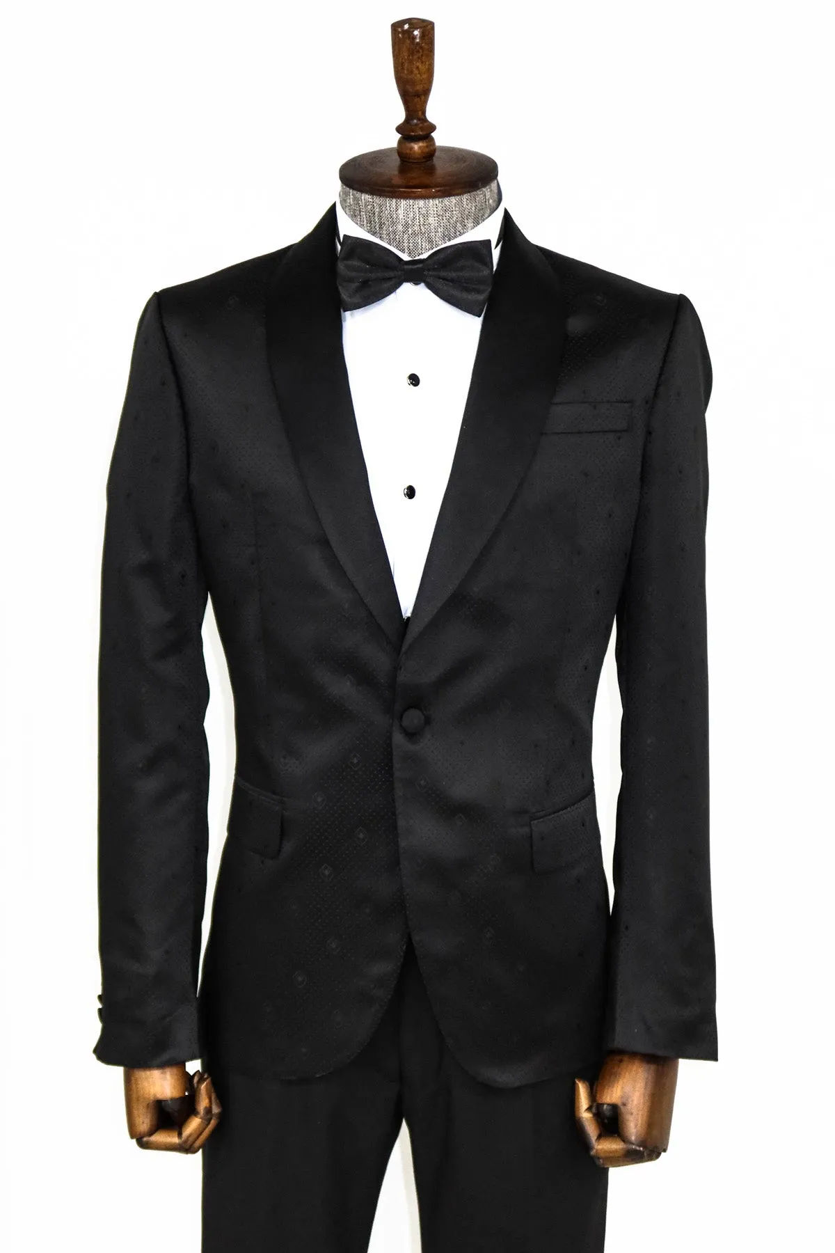 Dot Patterned Slim Fit Black Men Prom Blazer and Trousers Combination - Wessi