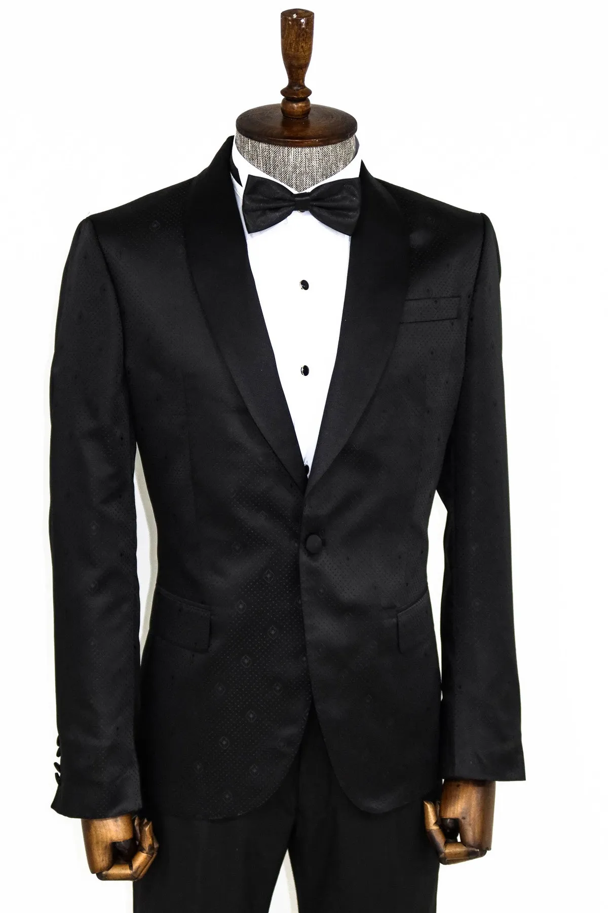 Dot Patterned Slim Fit Black Men Prom Blazer and Trousers Combination - Wessi