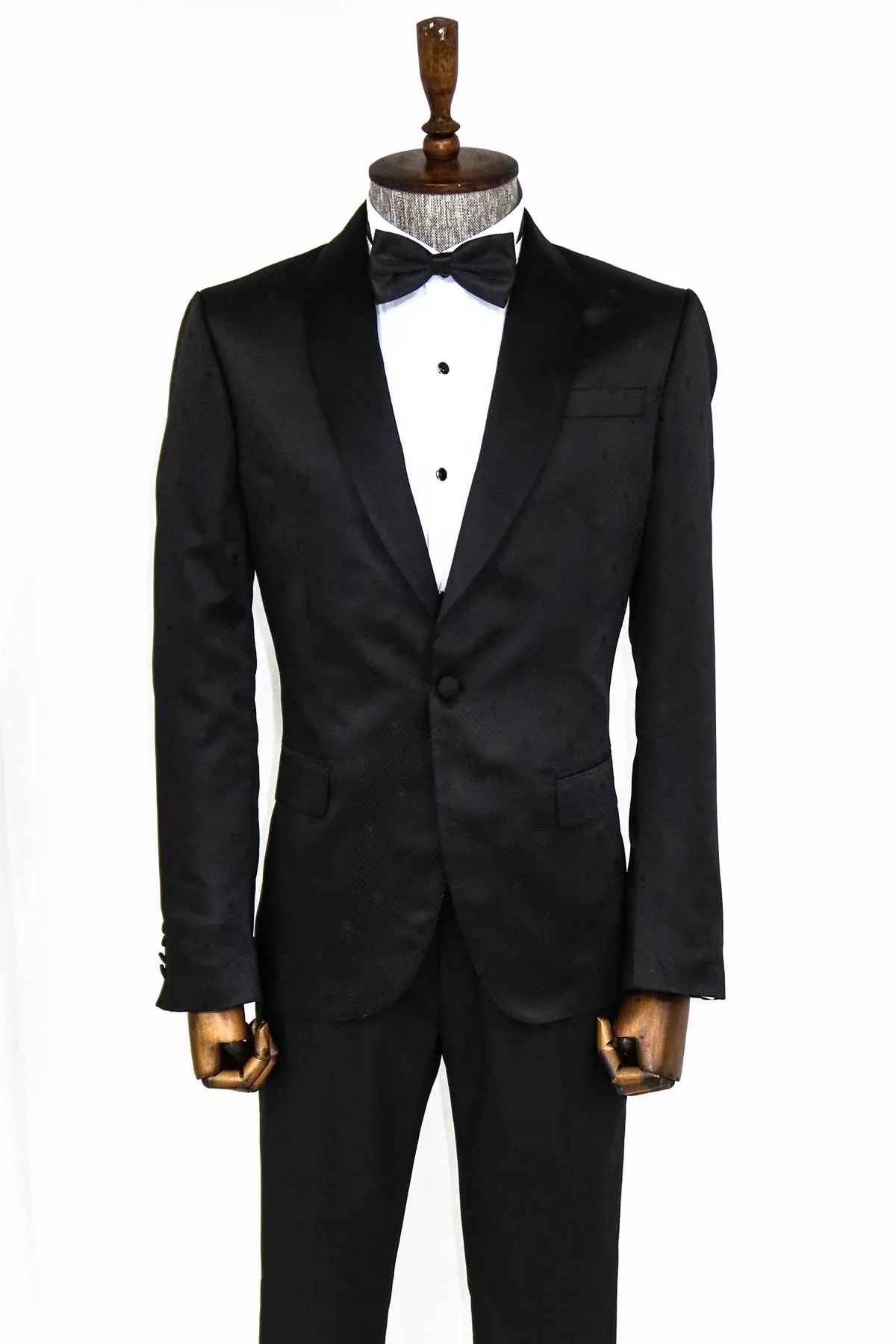 Dot Patterned Slim Fit Black Men Prom Blazer and Trousers Combination - Wessi