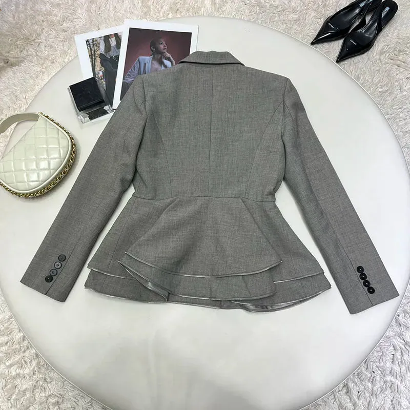 Double-breasted ruffles zipper shoulder pads long sleeve blazer