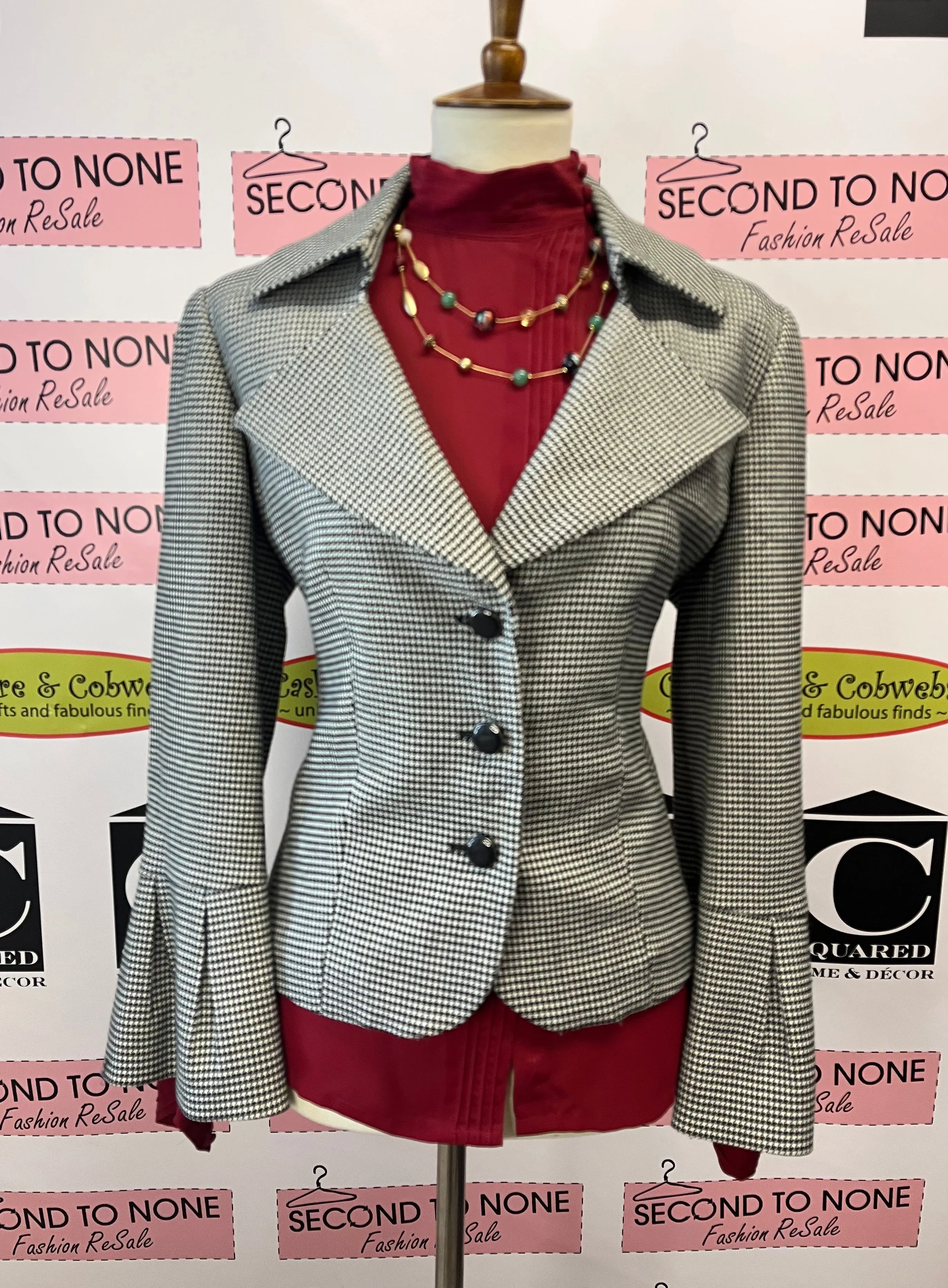 Dramatic Sleeve Houndstooth Jacket (Size 14P)