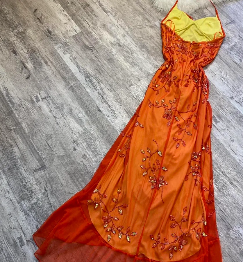 Elegant Orange Spaghetti Straps Beaded Prom Dress Party Dress       fg5364