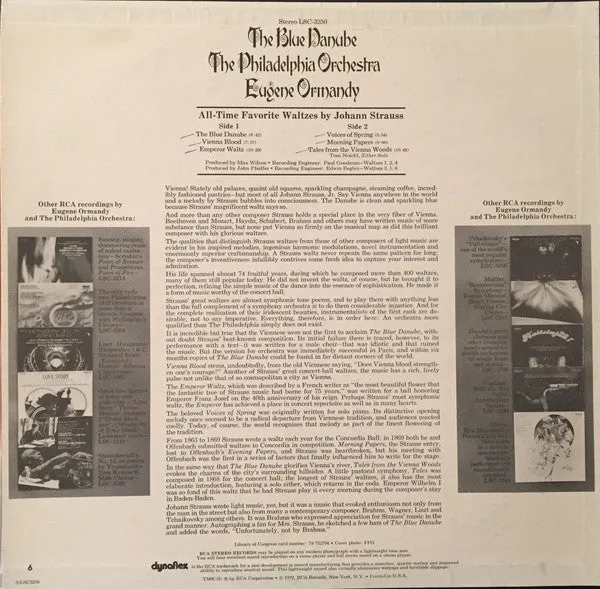 Eugene Ormandy Conducts The Philadelphia Orchestra - The Blue Danube - All Time Favorite Waltzes By Johann Strauss (LP) (NM or M-)