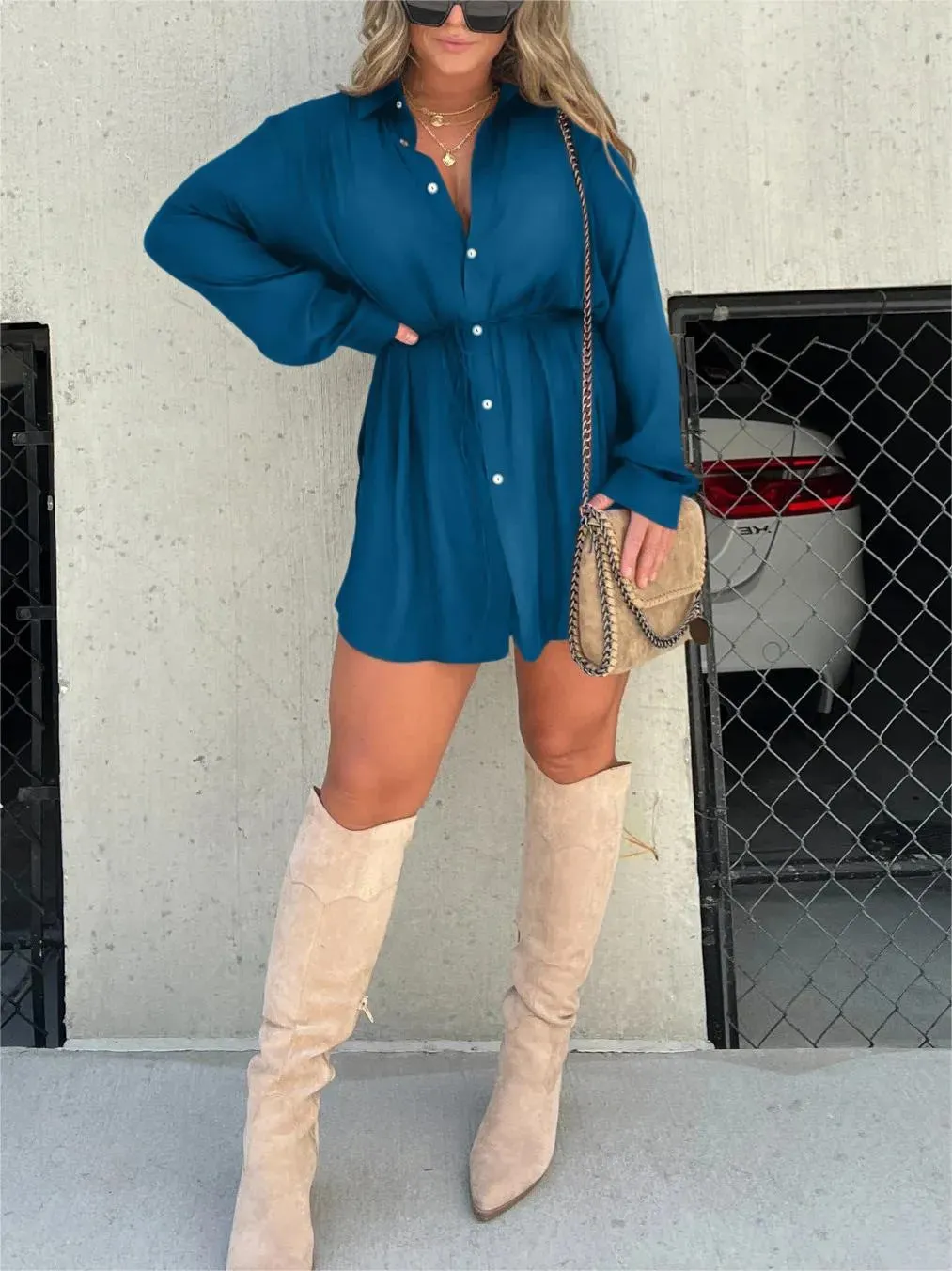 Fashion solid color long sleeve dress