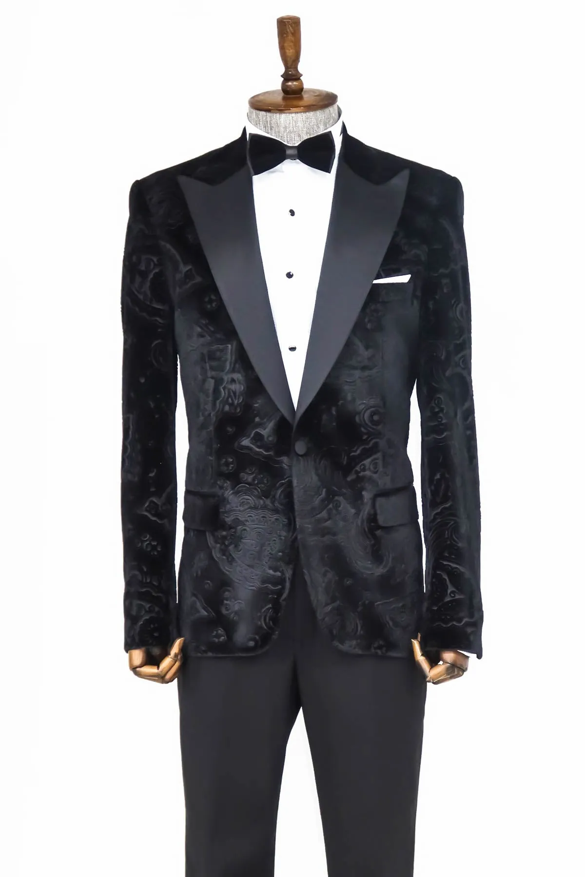 Floral Patterned Velvet Black Men Wedding Tuxedo Blazer - Wessi