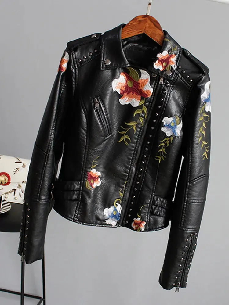 Floral Print Faux Leather Jacket