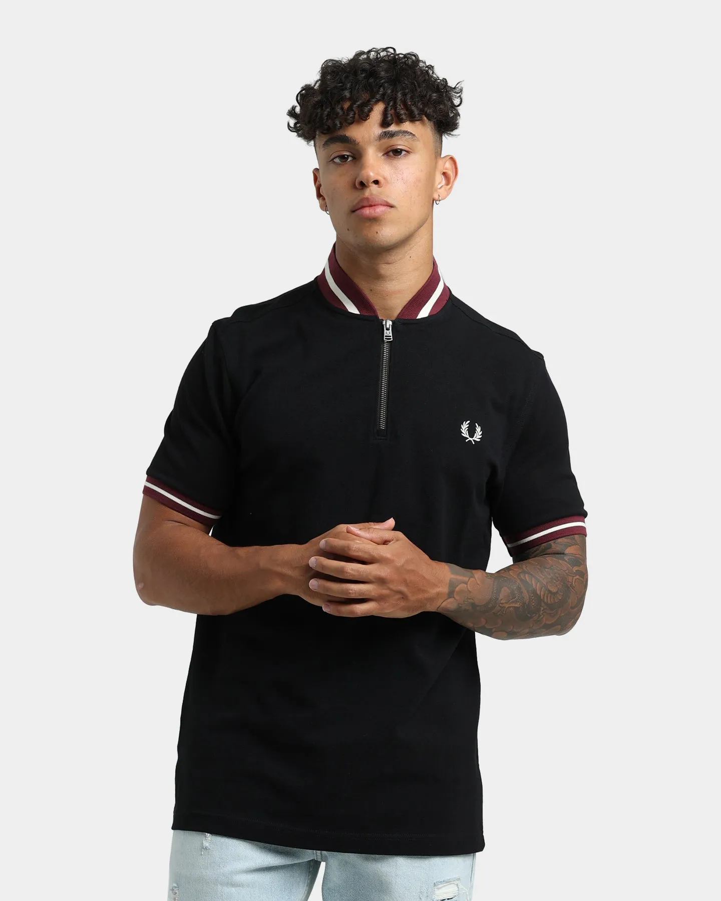 Fred Perry Striped Bomber Neck Polo Shirt Black