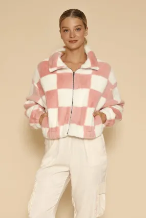 Fuzzy checkered zip front jacket