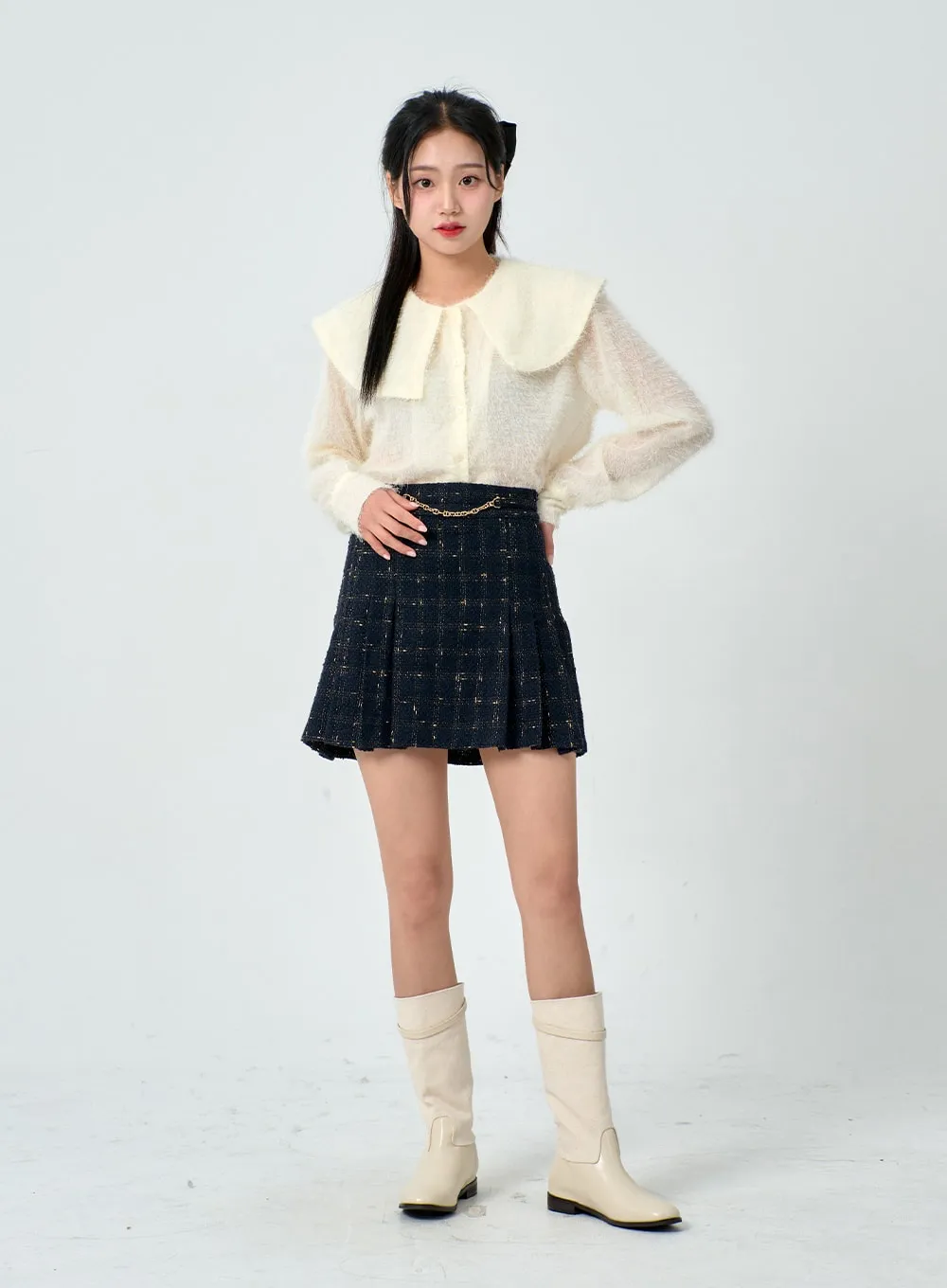 Golden Chain Pleated Plaid Mini Skirt BD01