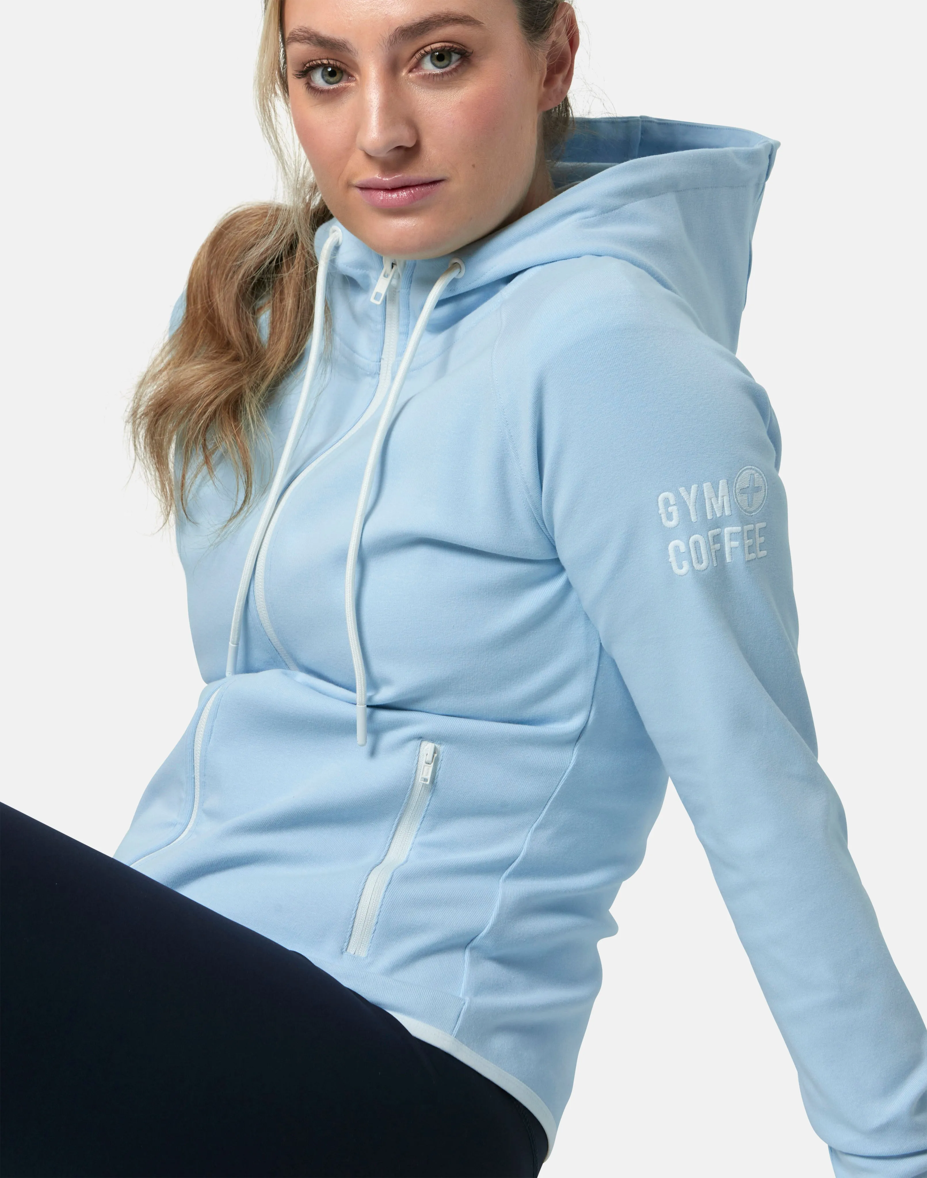 Gym Coffee Chill Zip Hoodie (Womens) - Baby Blue