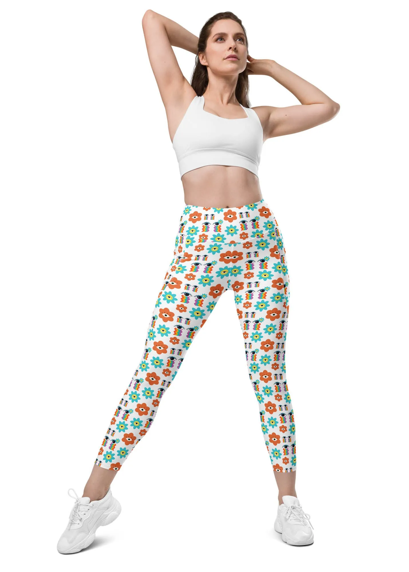 High-Waisted Leggings with Pockets - 70's Vibes - White