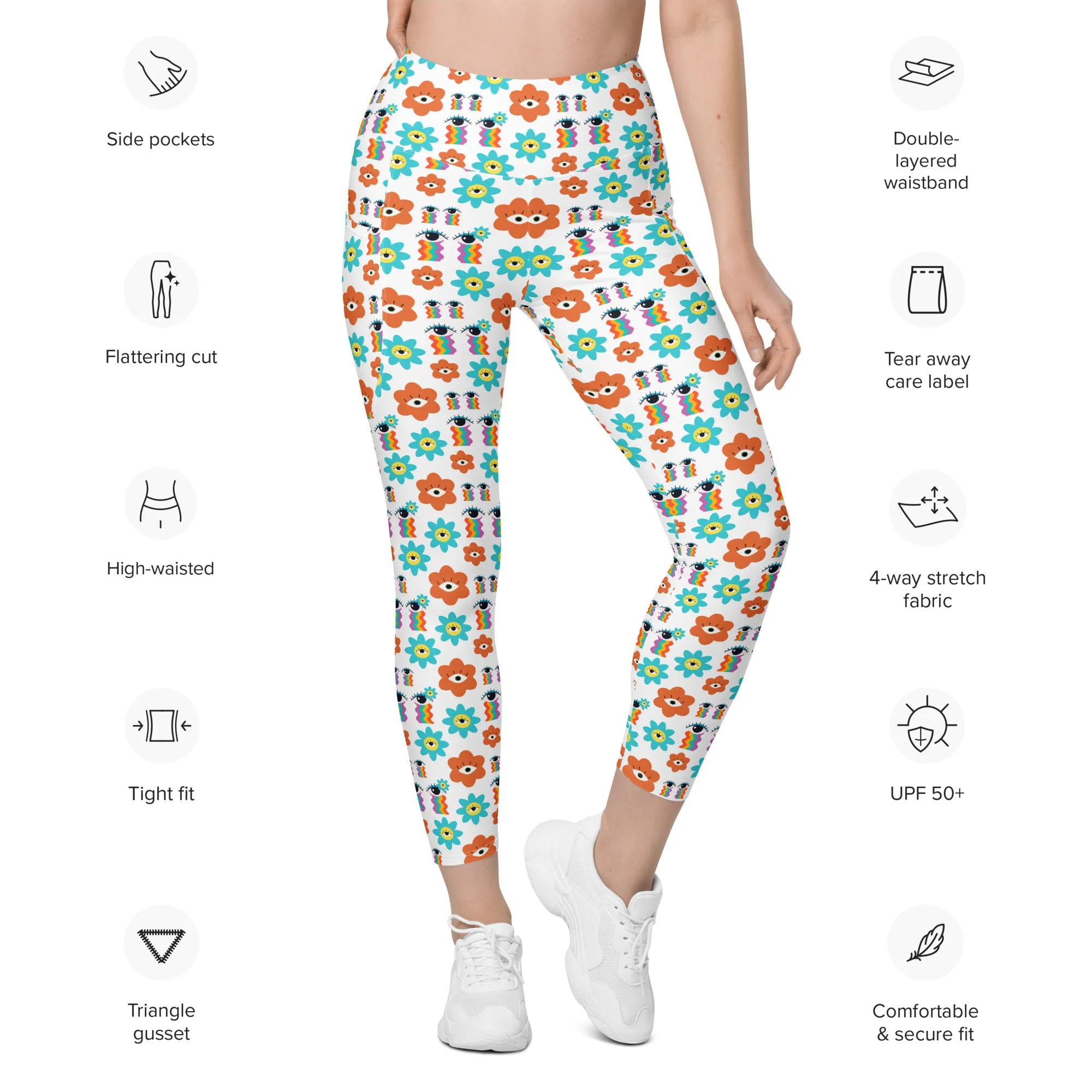 High-Waisted Leggings with Pockets - 70's Vibes - White