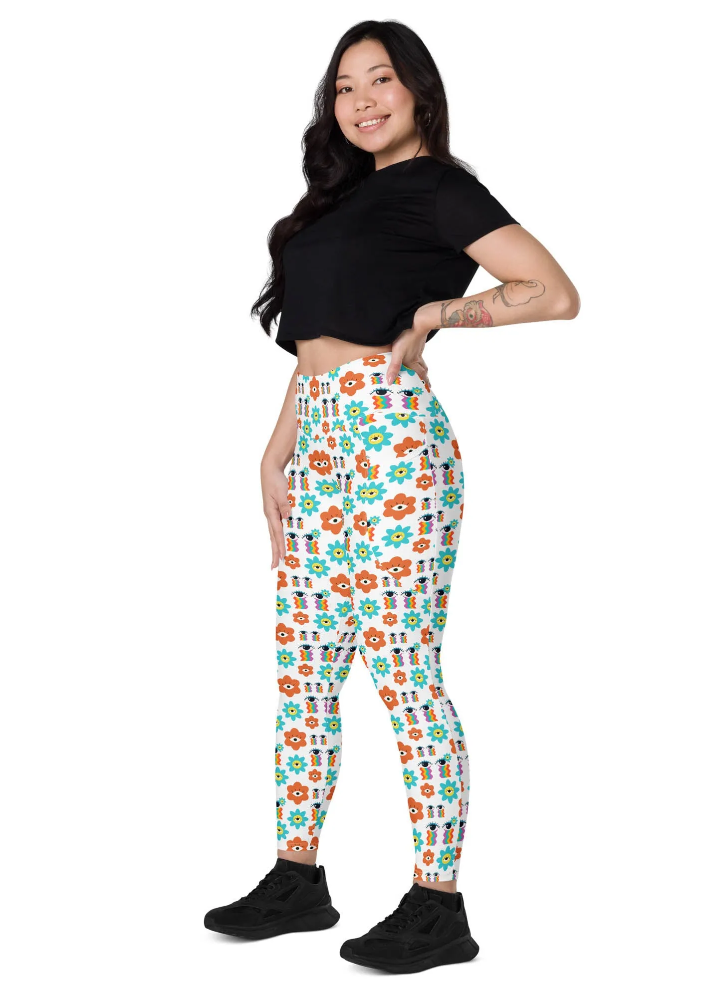 High-Waisted Leggings with Pockets - 70's Vibes - White