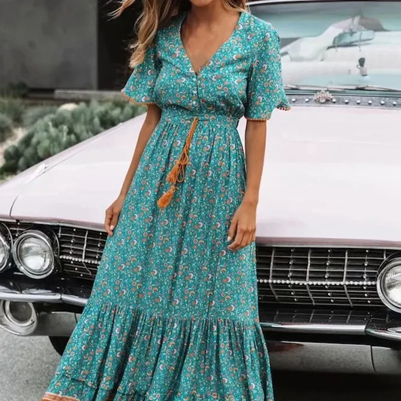 JuliaFashion - 2024 Women Dress Retro Floral Print Short Sleeve High Waist Dress