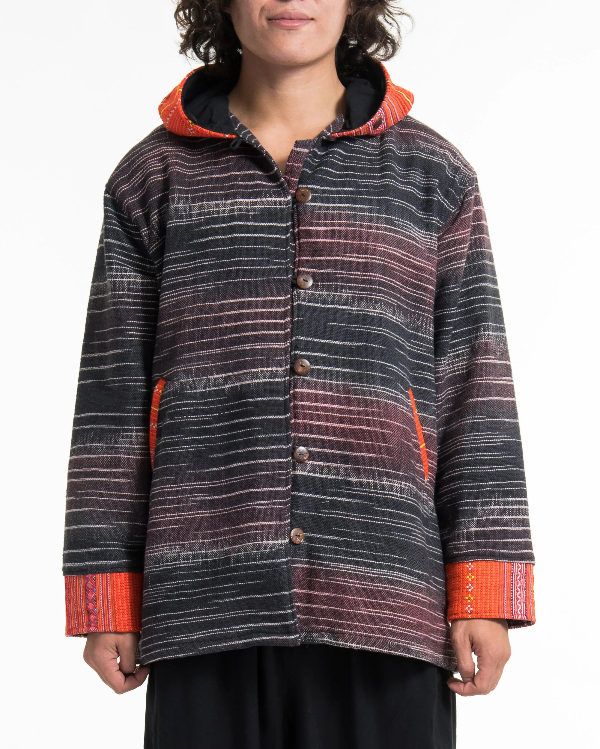 Light Hooded Button Hand-Woven Cotton Embroidered Jacket in Gray Maroon