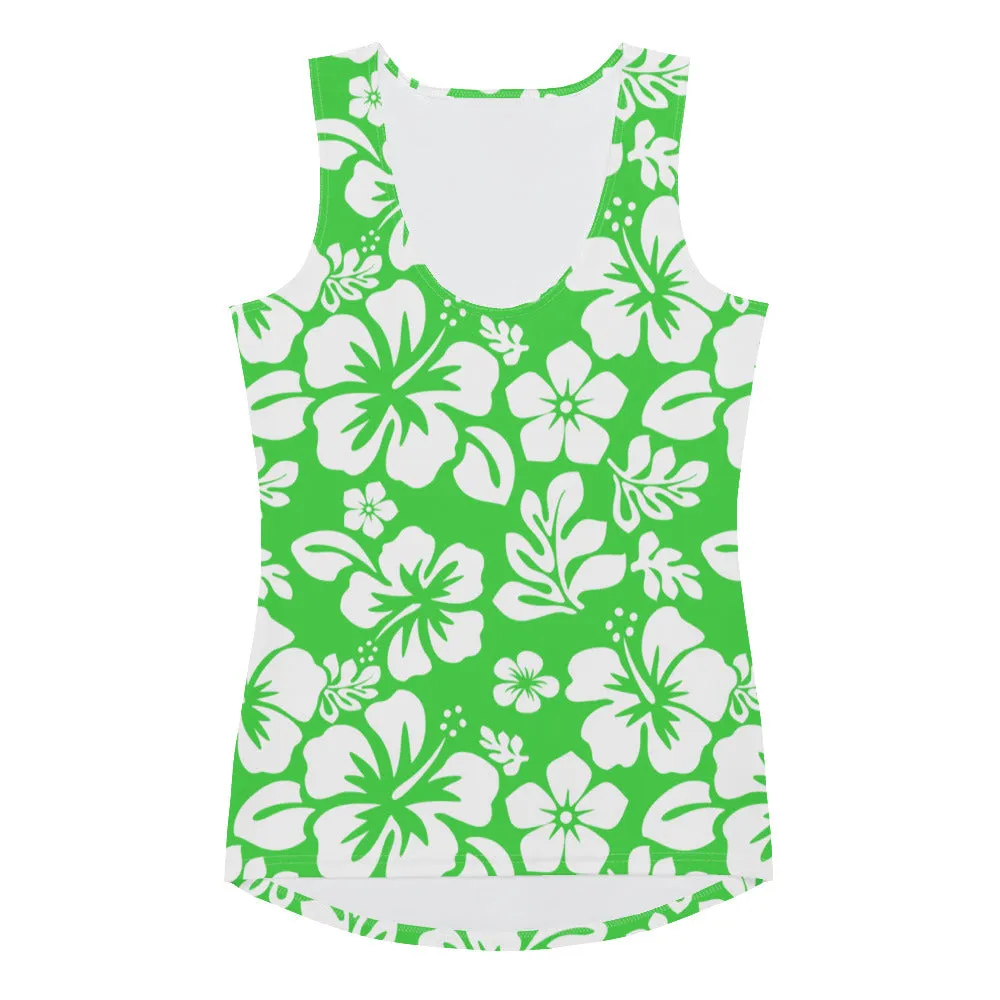 Lime Green and White Hawaiian Flowers Women's Athletic Swim Tank Top