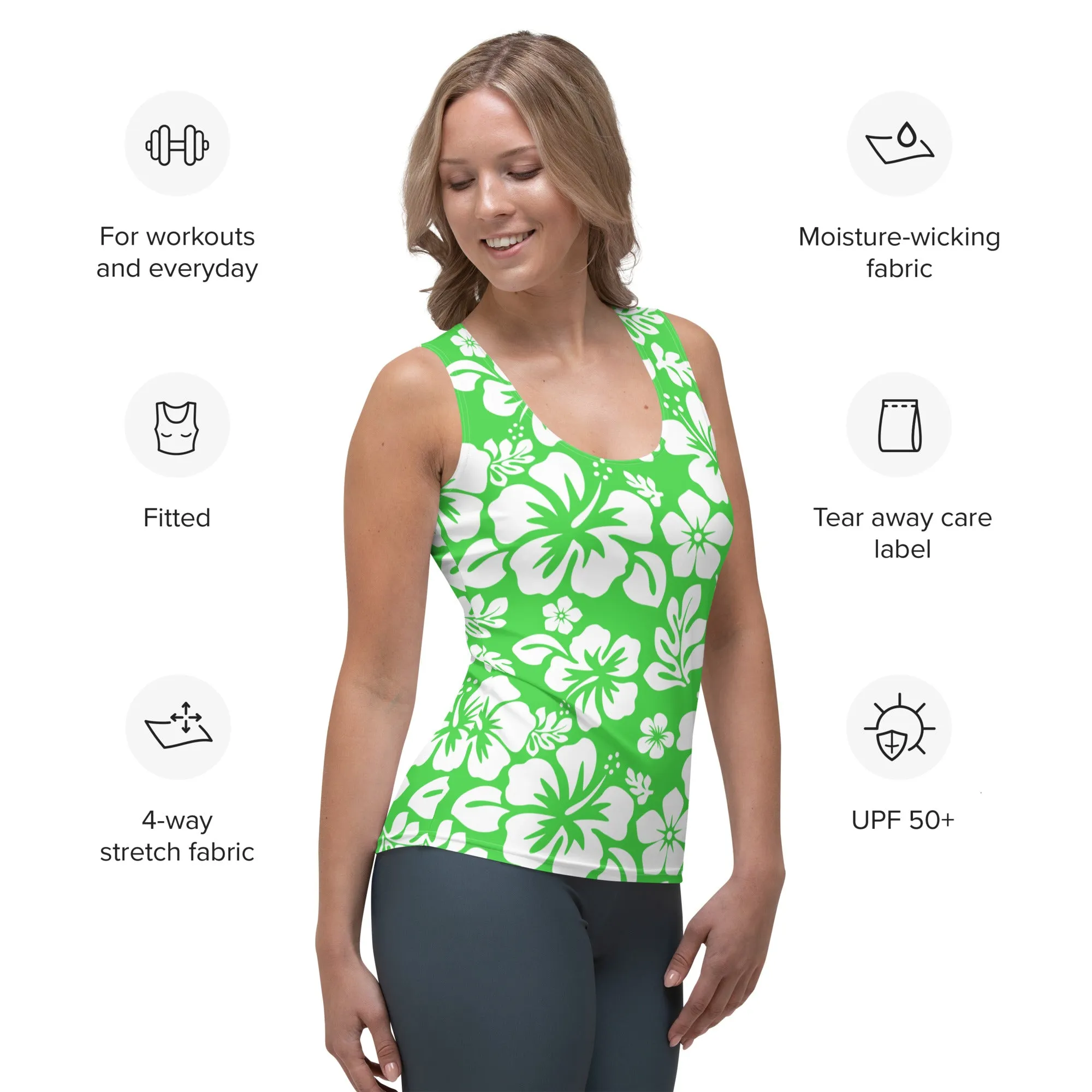 Lime Green and White Hawaiian Flowers Women's Athletic Swim Tank Top