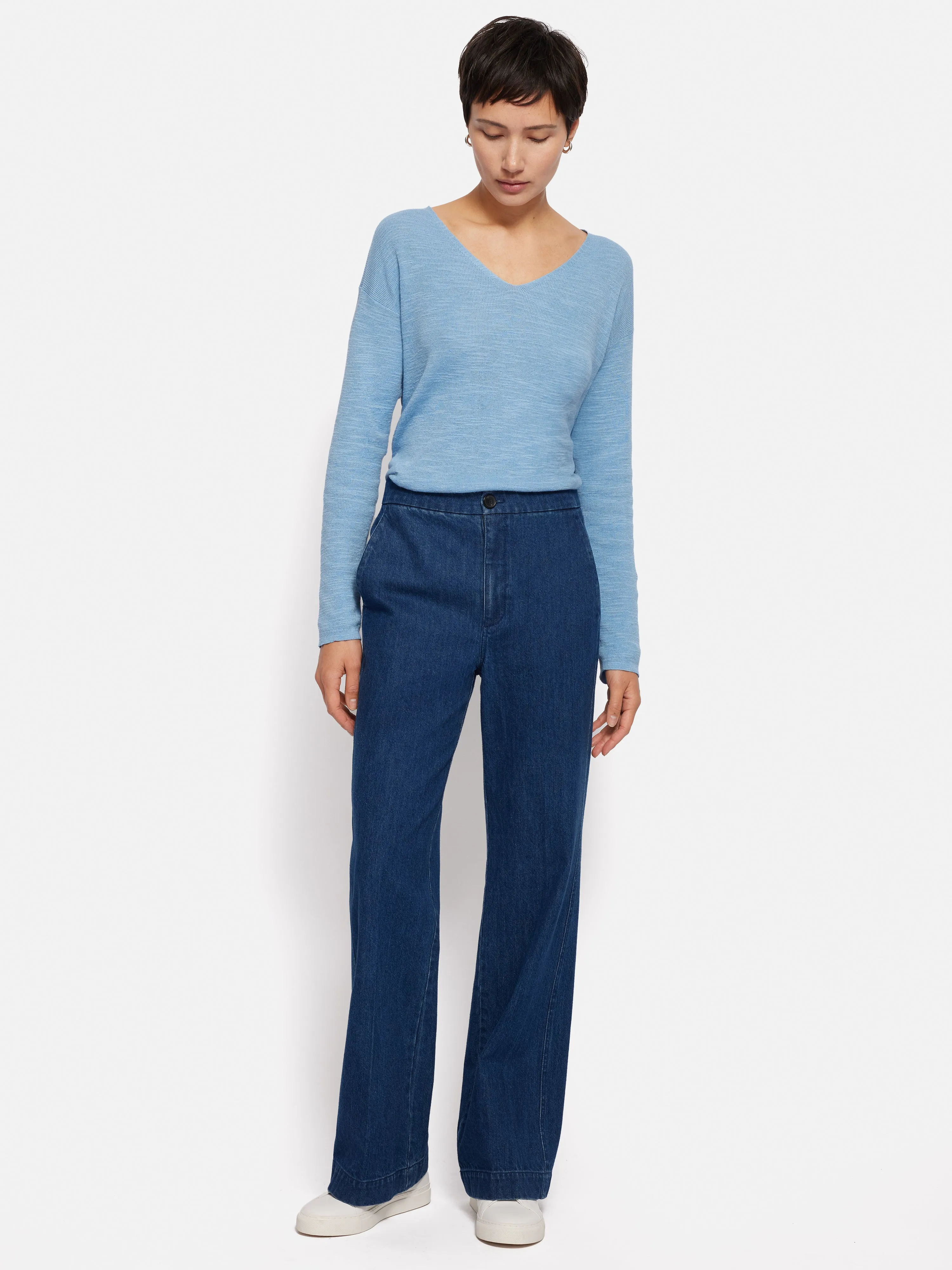 Linen Cotton V Neck Jumper | Blue