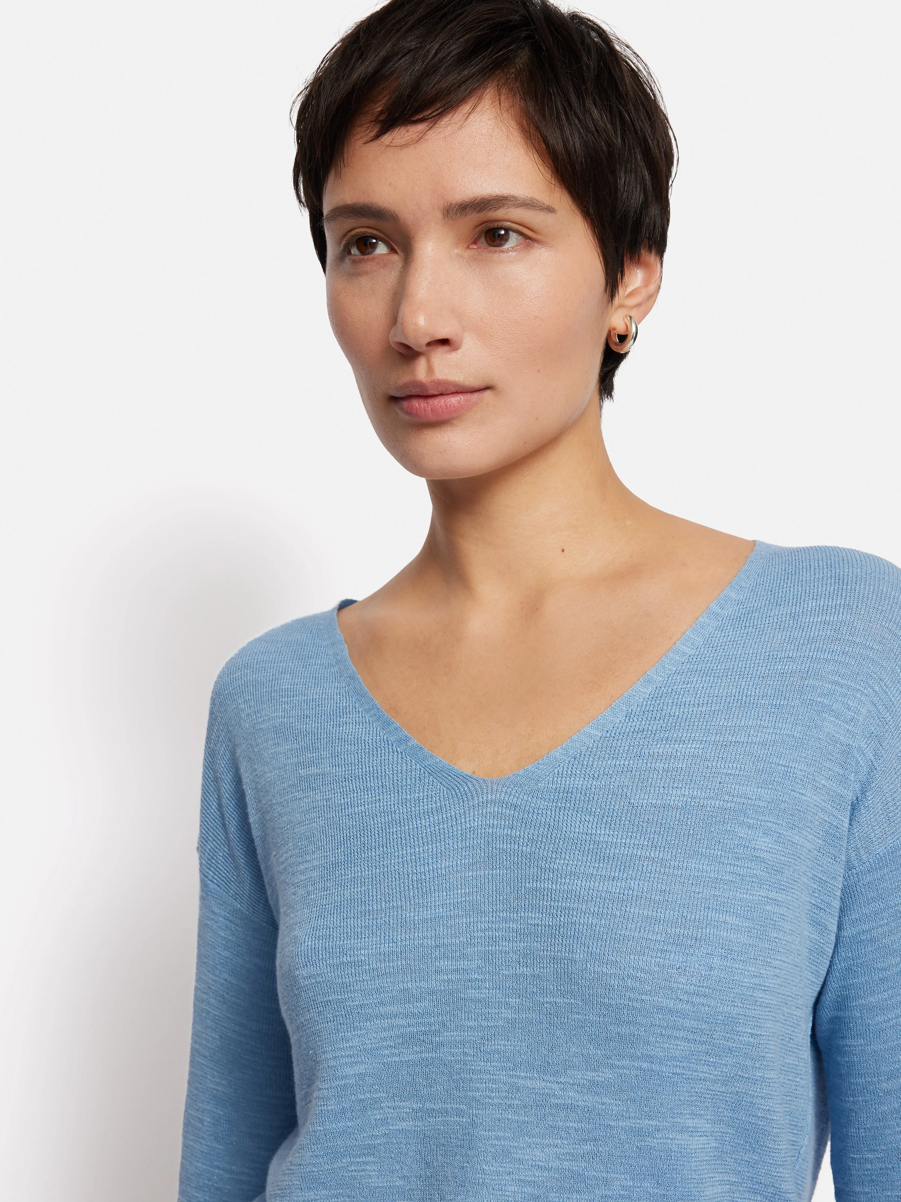 Linen Cotton V Neck Jumper | Blue