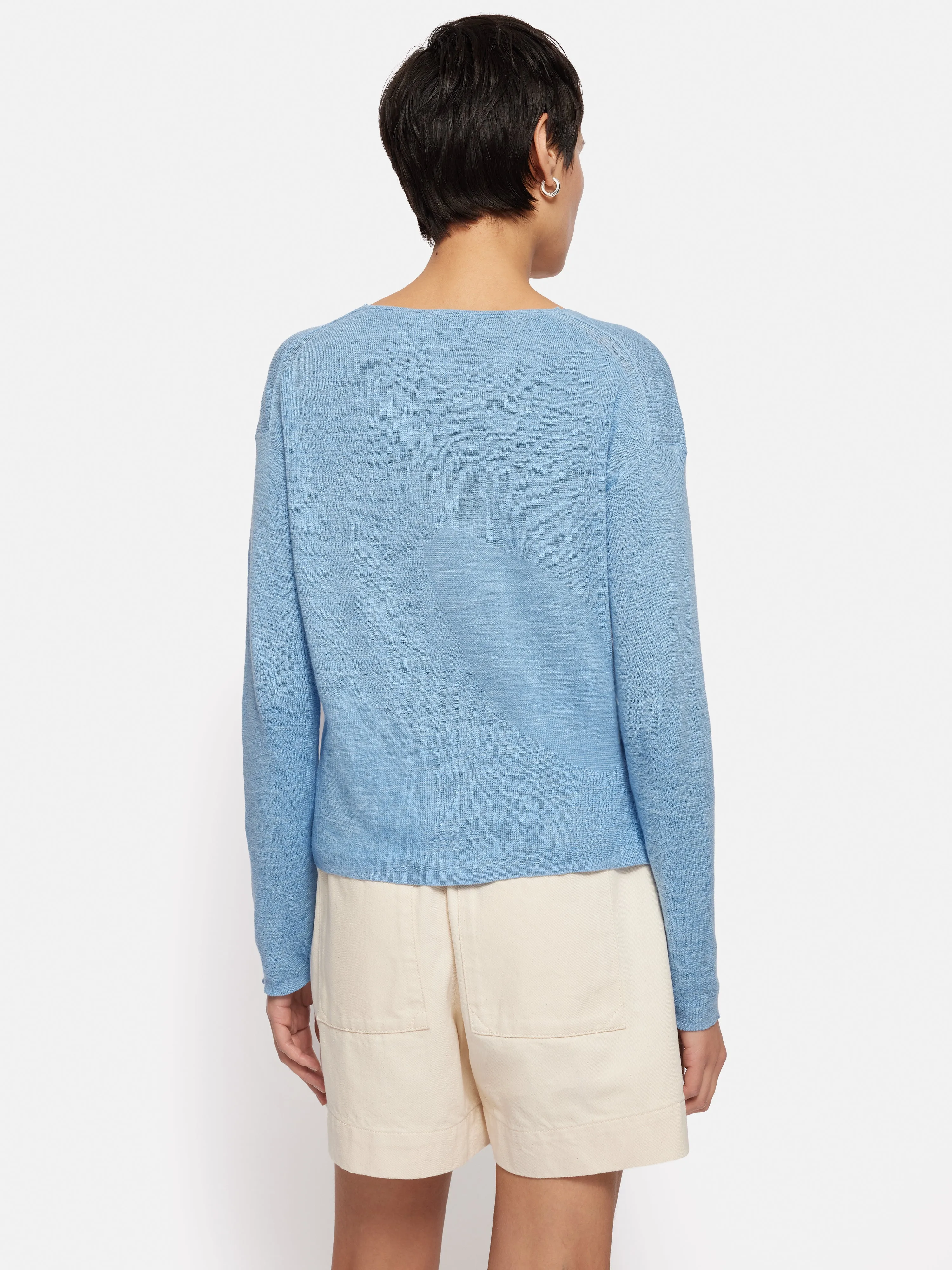 Linen Cotton V Neck Jumper | Blue