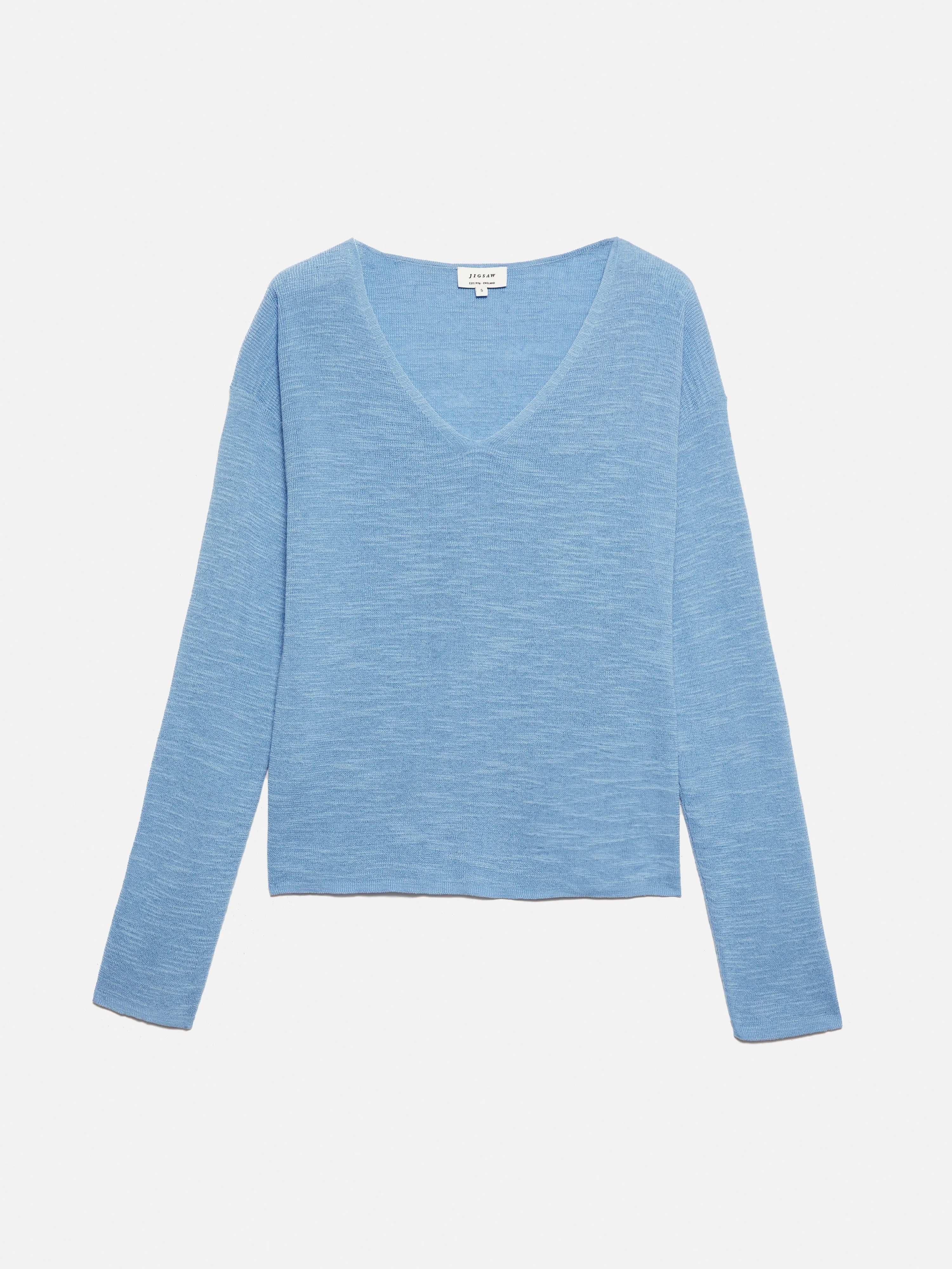 Linen Cotton V Neck Jumper | Blue