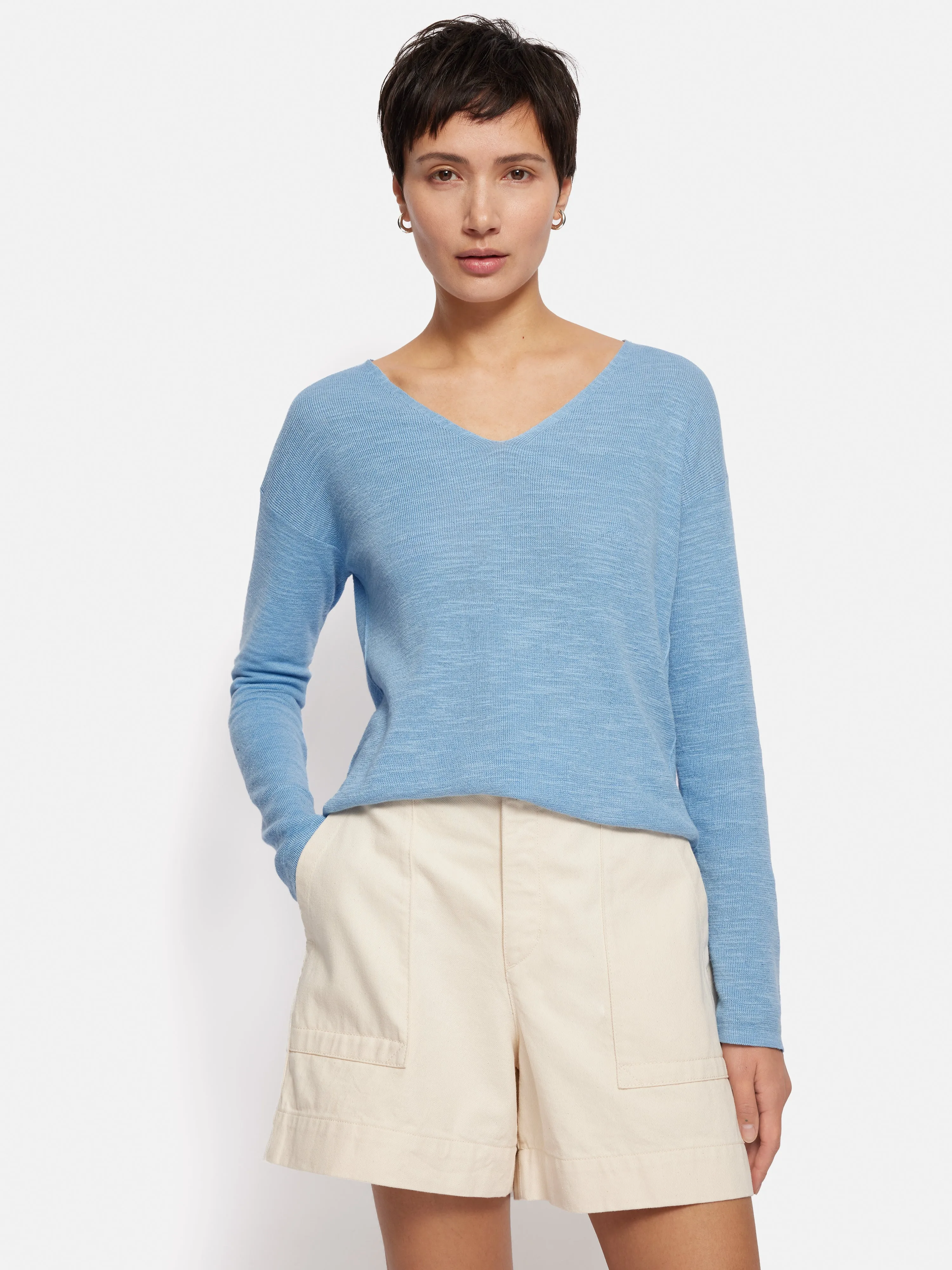 Linen Cotton V Neck Jumper | Blue