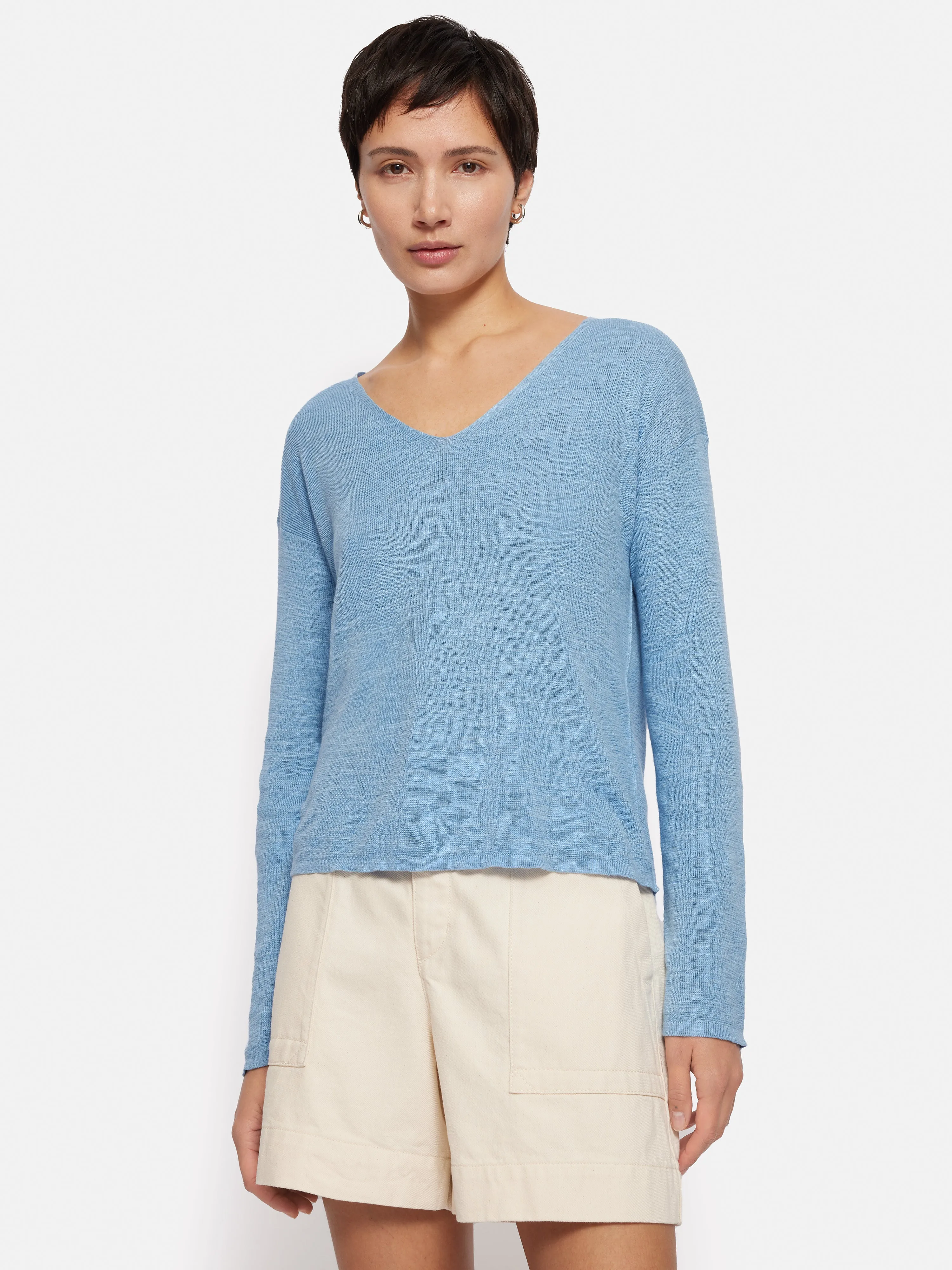 Linen Cotton V Neck Jumper | Blue