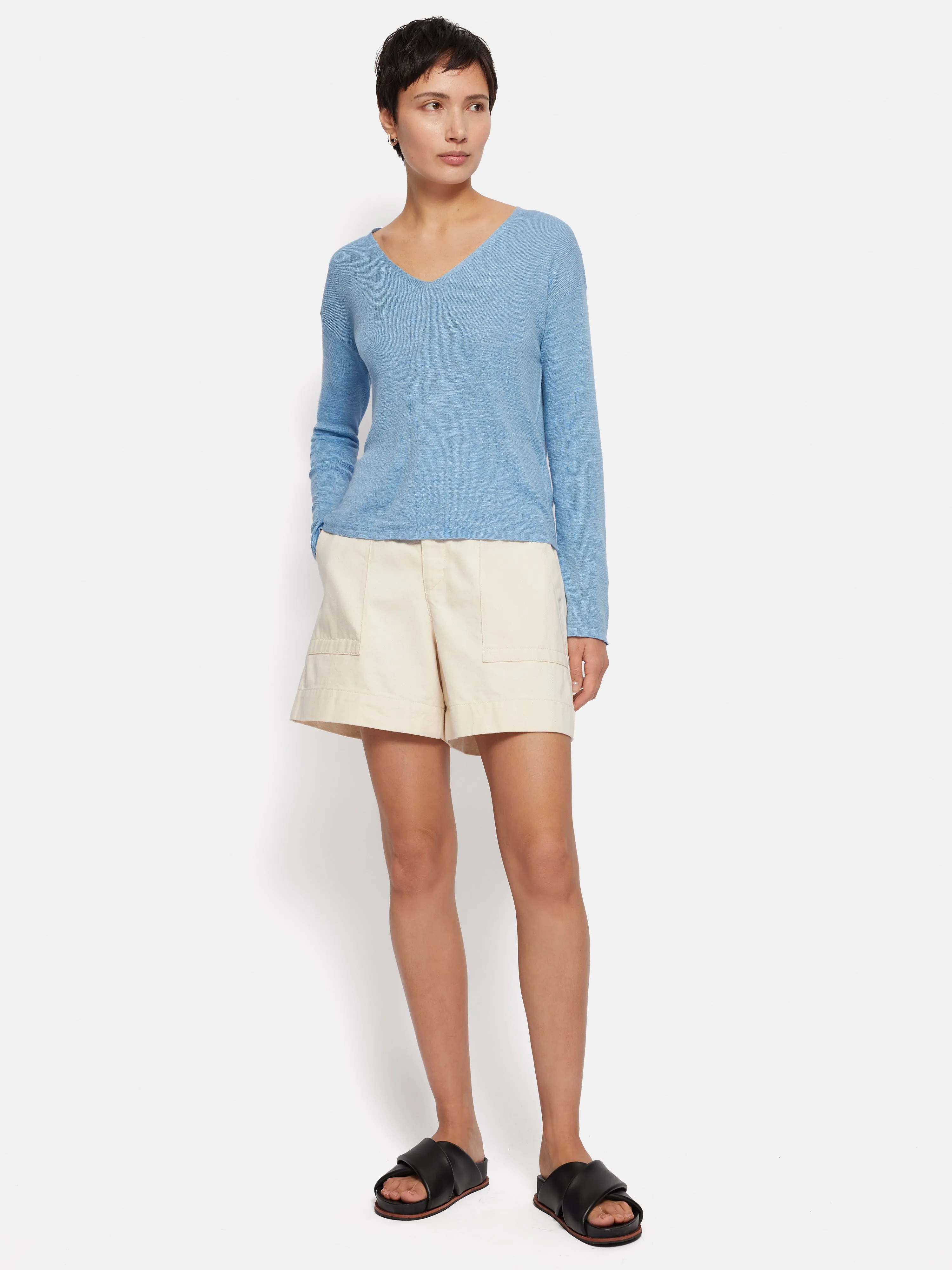 Linen Cotton V Neck Jumper | Blue