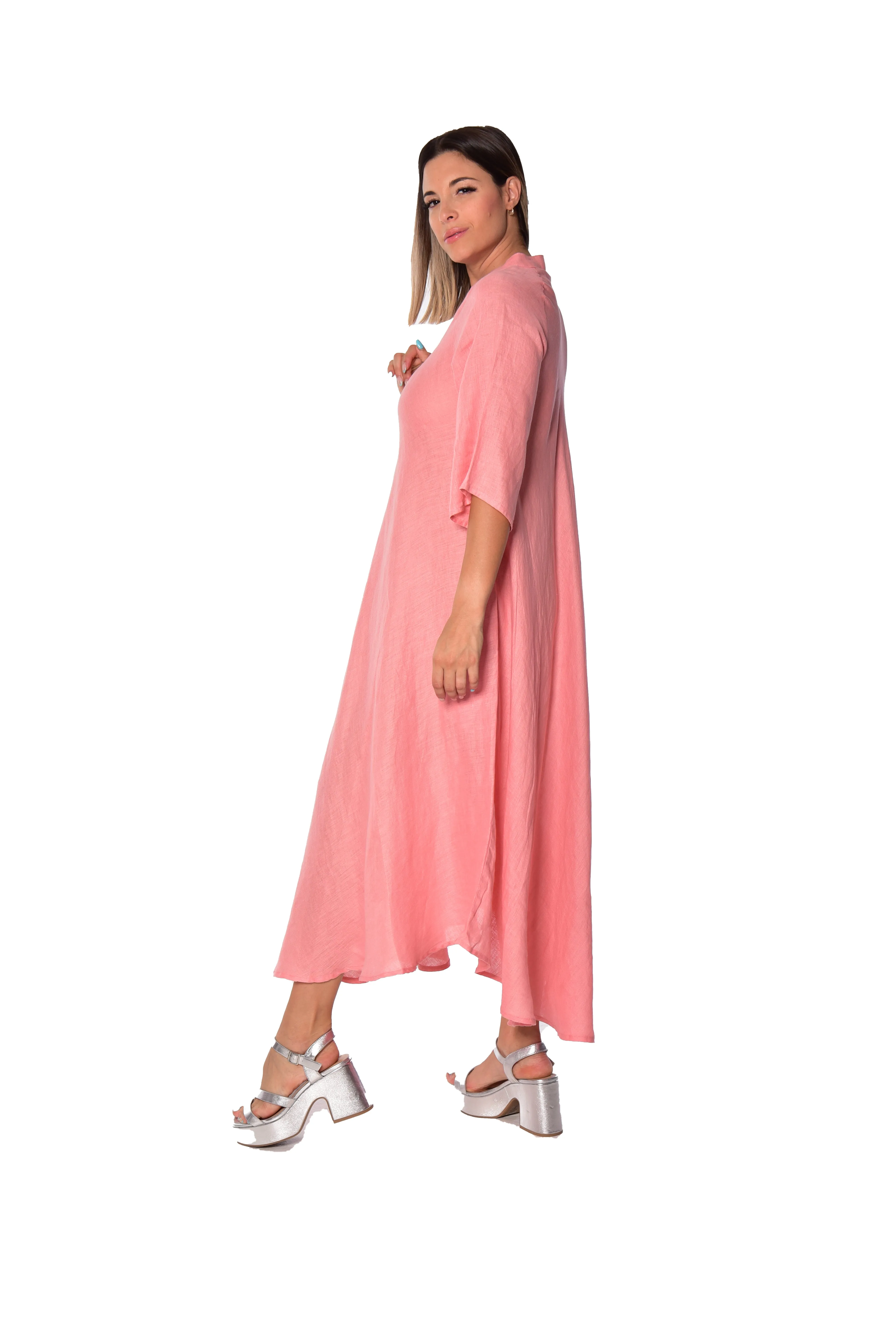 Long Linen Bias-Cut Dress With Mandarin Collar - LLWD2076