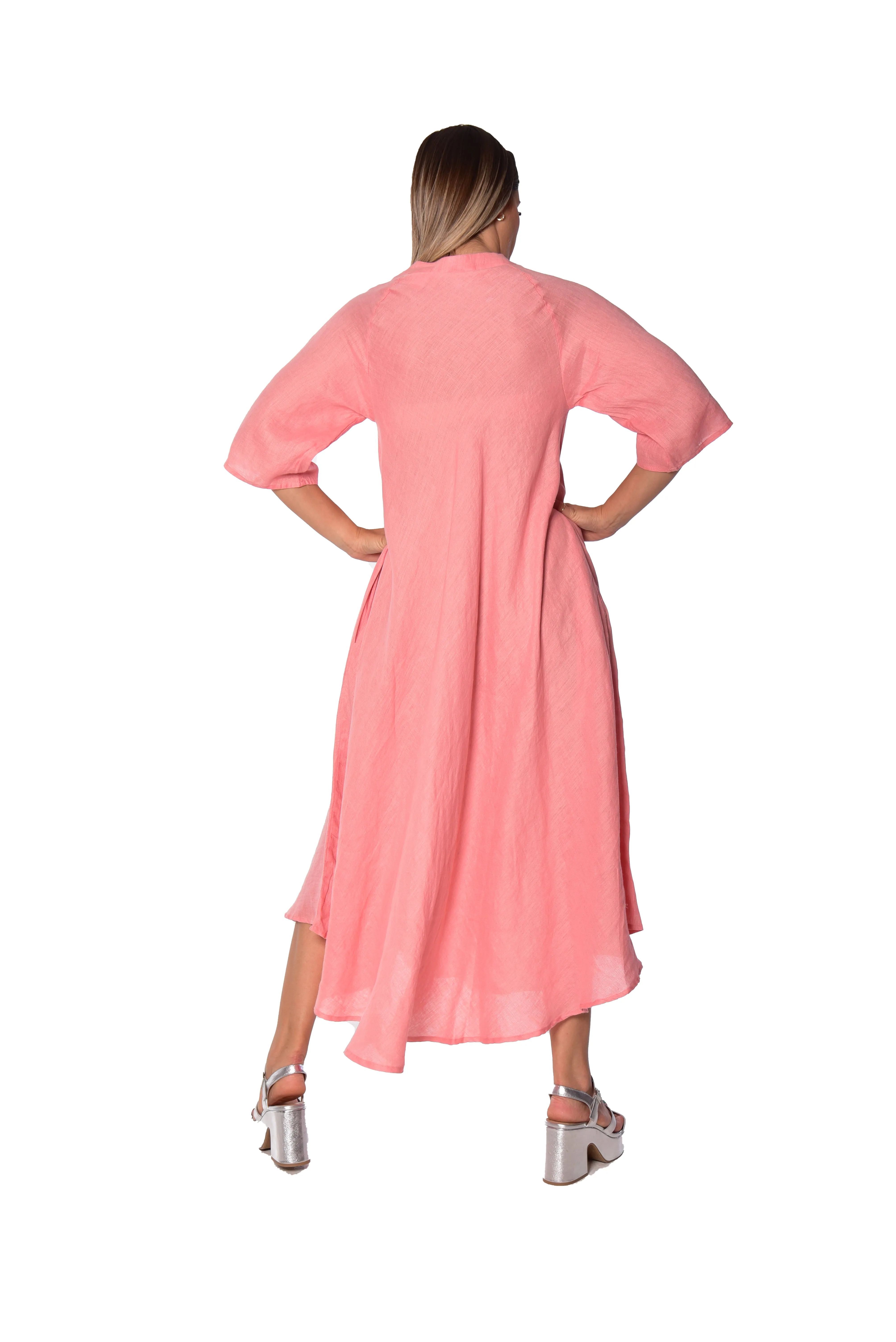 Long Linen Bias-Cut Dress With Mandarin Collar - LLWD2076