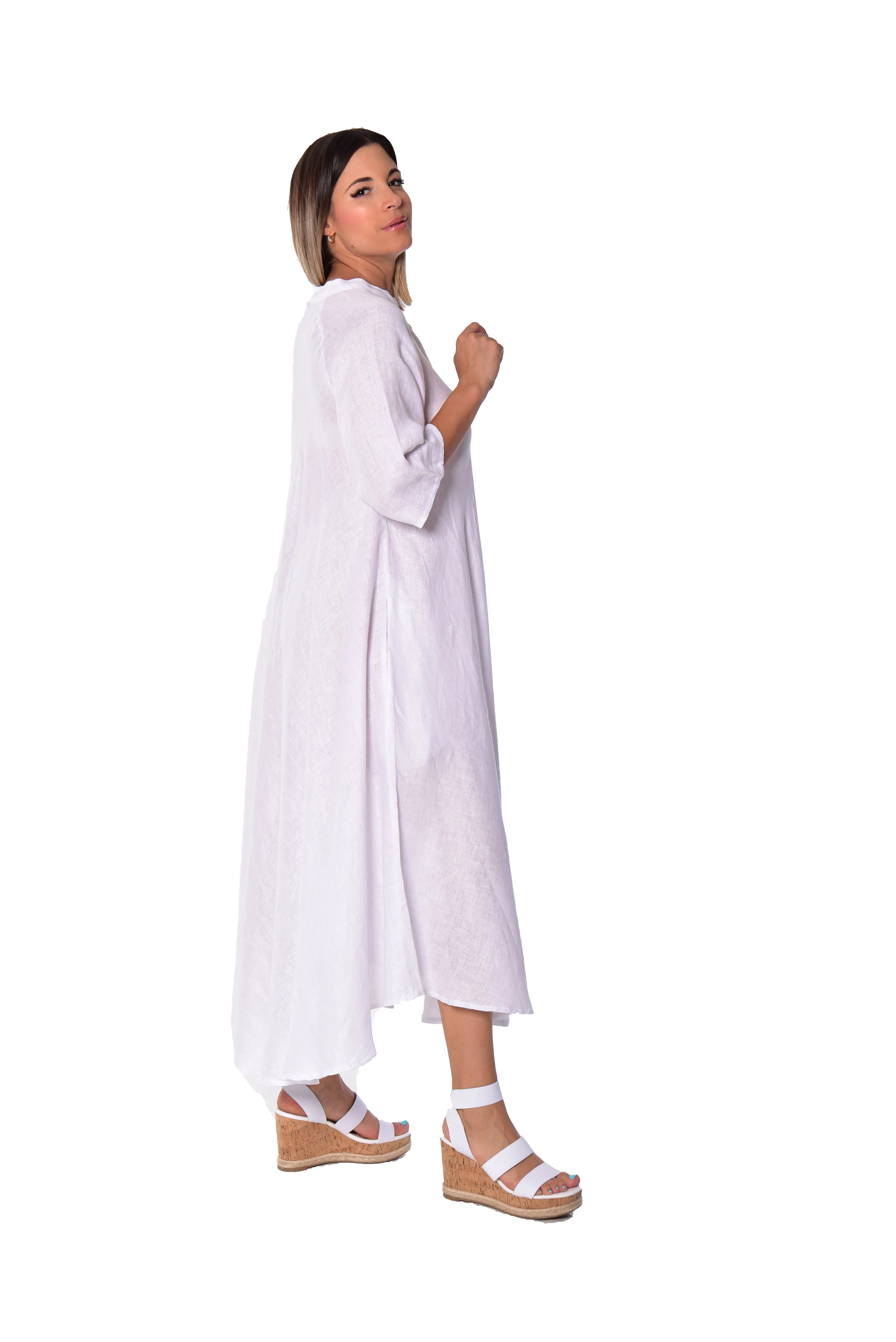 Long Linen Bias-Cut Dress With Mandarin Collar - LLWD2076