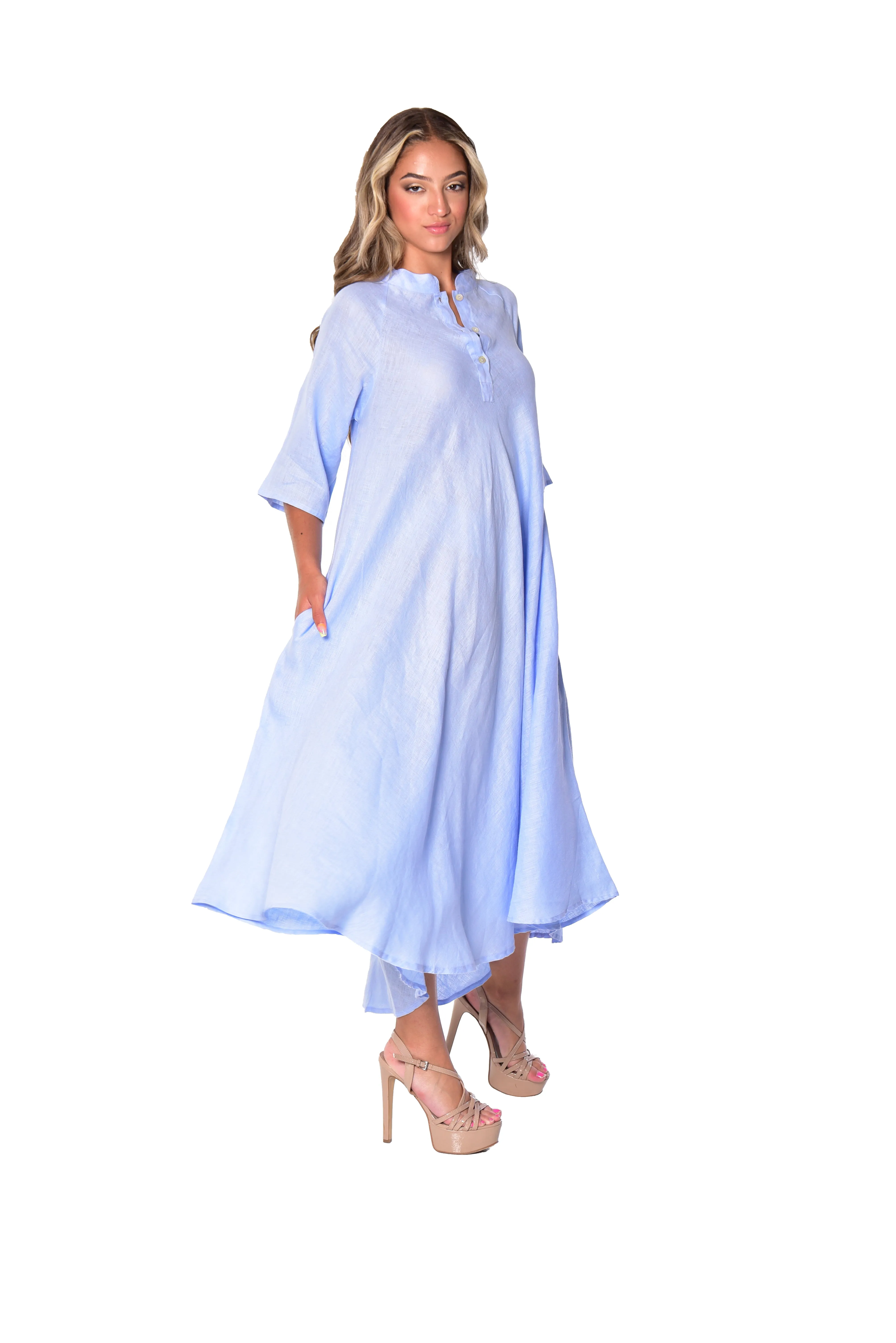 Long Linen Bias-Cut Dress With Mandarin Collar - LLWD2076