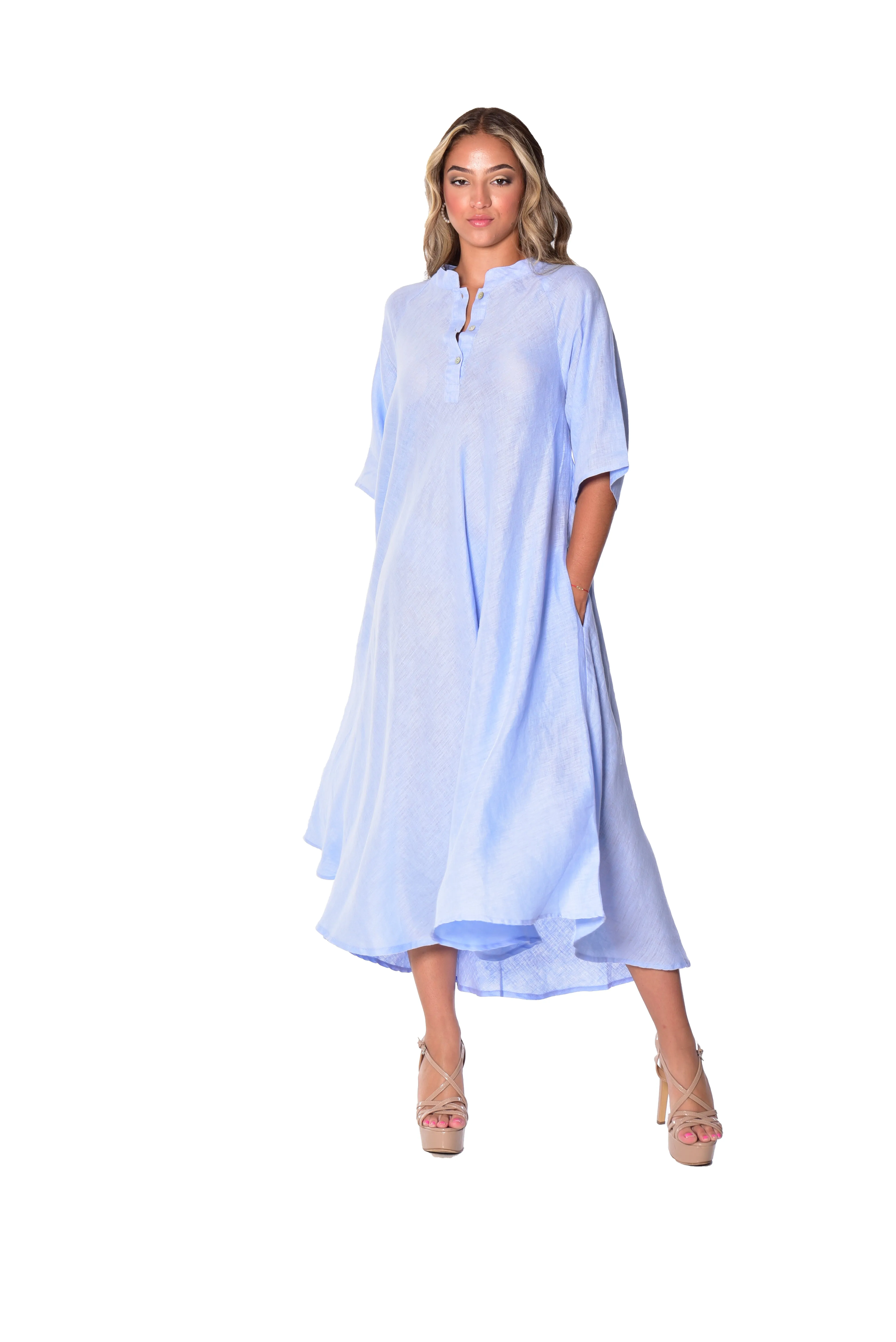 Long Linen Bias-Cut Dress With Mandarin Collar - LLWD2076