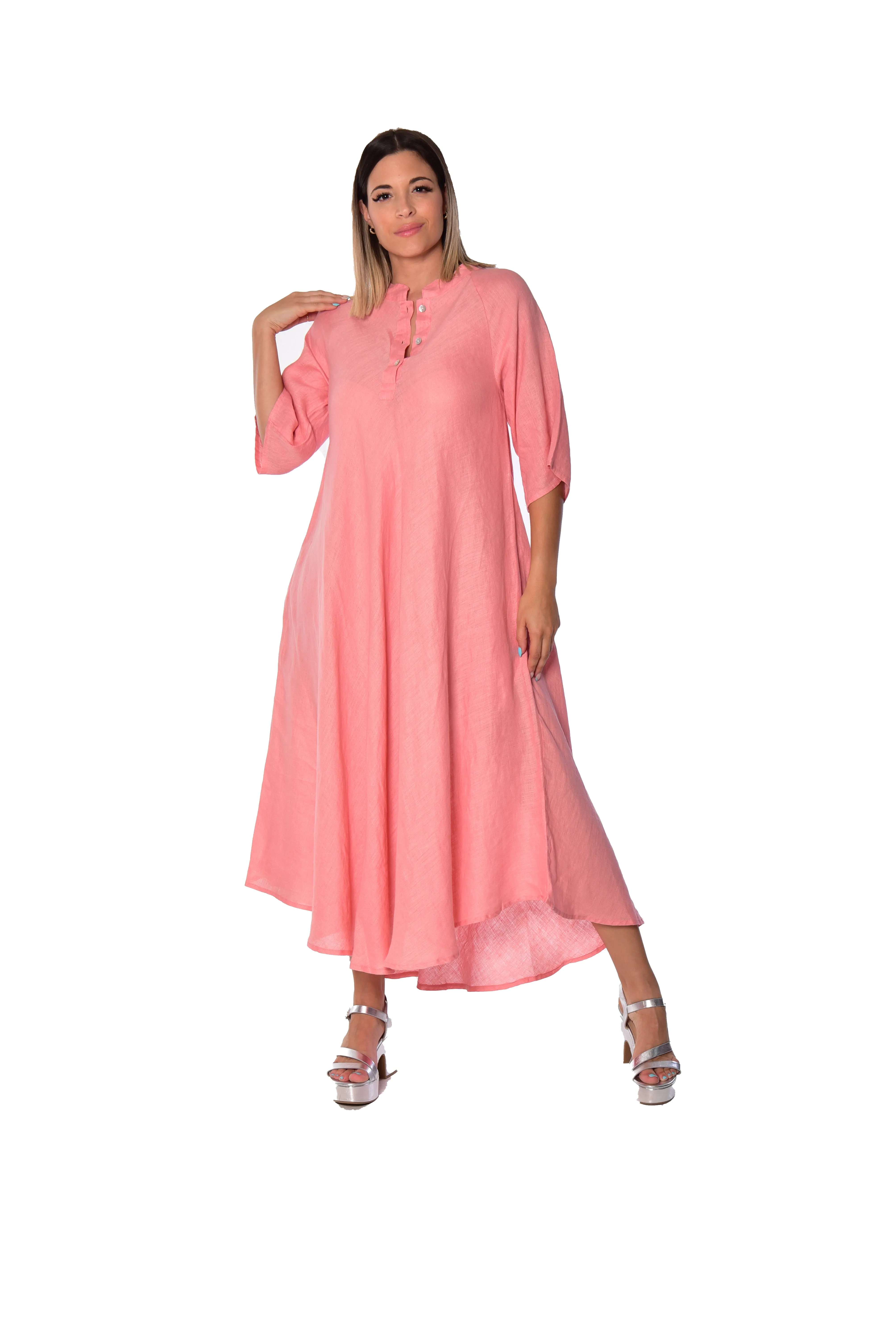 Long Linen Bias-Cut Dress With Mandarin Collar - LLWD2076