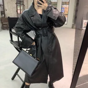 Long oversized Faux leather trench coat