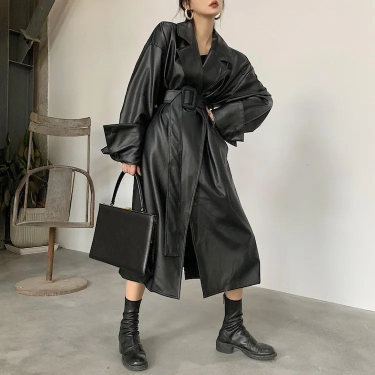 Long oversized Faux leather trench coat