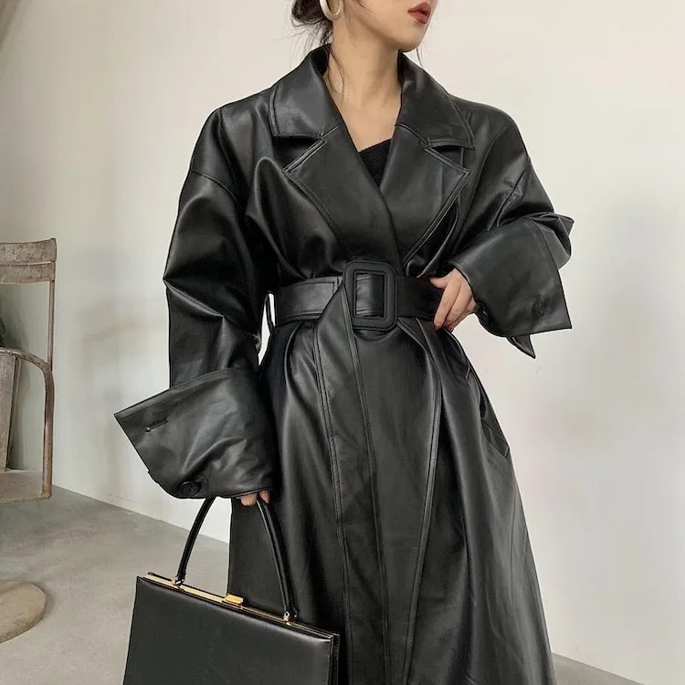 Long oversized Faux leather trench coat