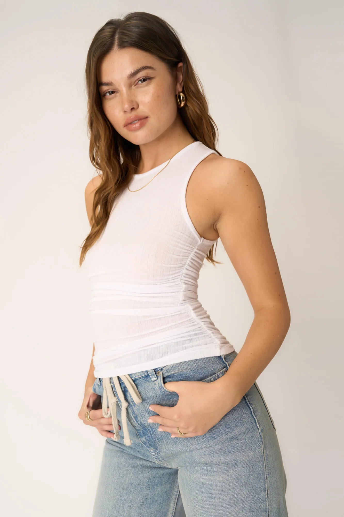 Marilyn Keyhole Textured Rib Tank - White