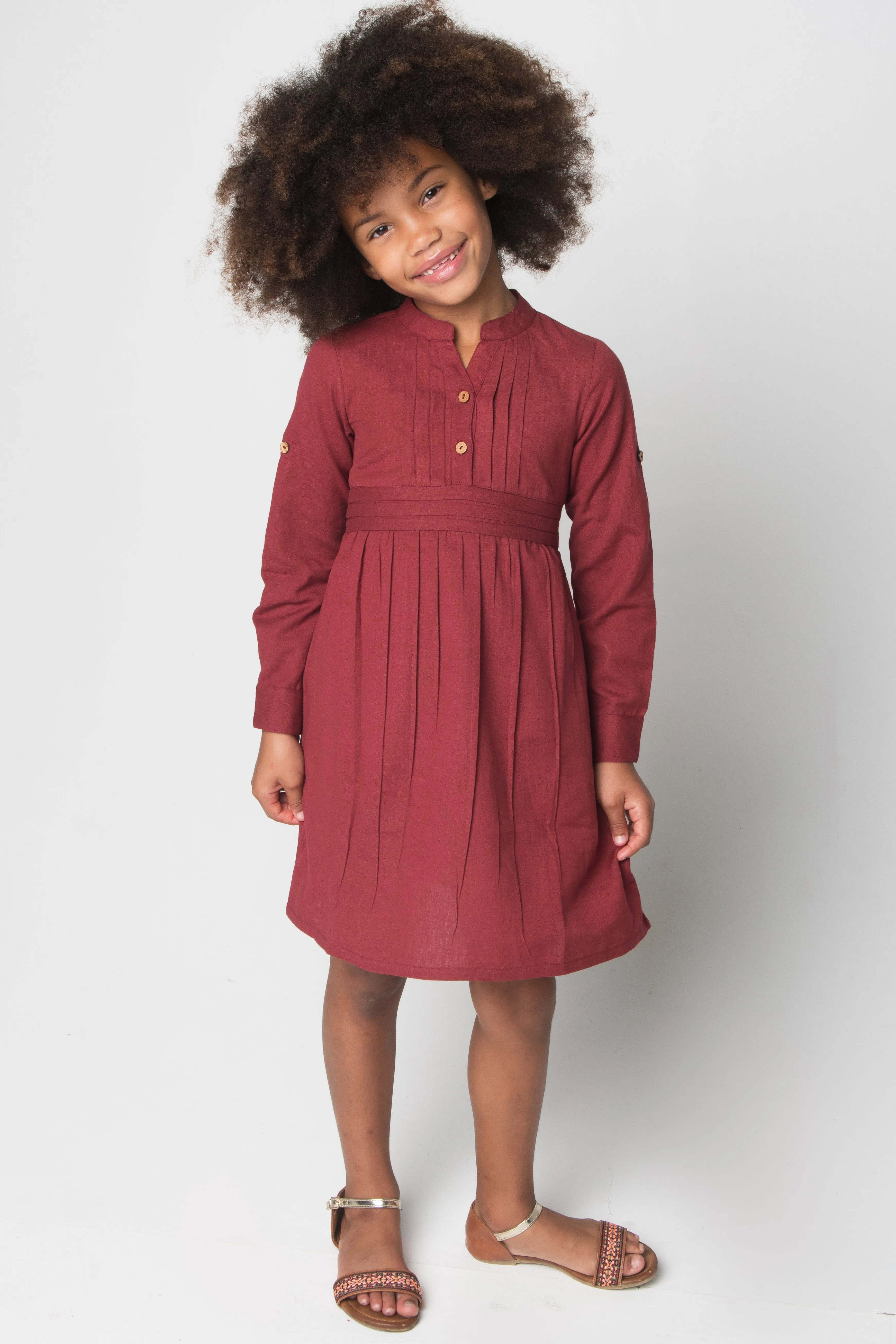 Maroon Pleated Dress with Belt and Button Closure