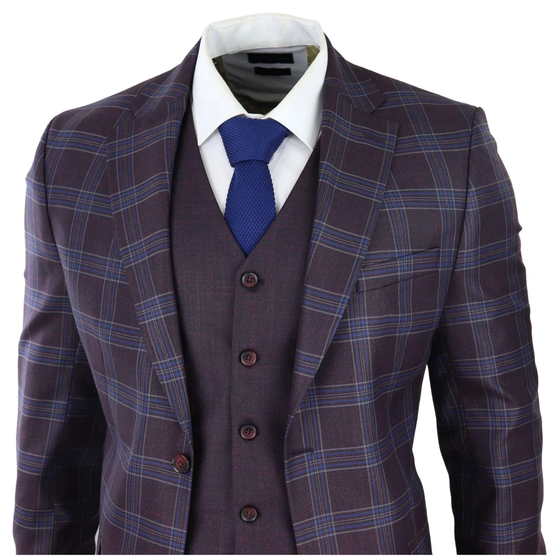 Mens 3 Piece Suit Purple Blue Check Check Contrasting Waistcoat Trouser Wedding