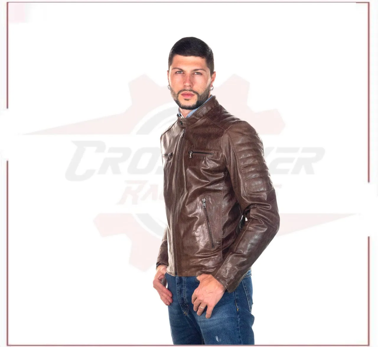 Men's Biker Jacket in Genuine Dark Brown Oil Vintage Leather