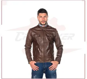 Men's Biker Jacket in Genuine Dark Brown Oil Vintage Leather