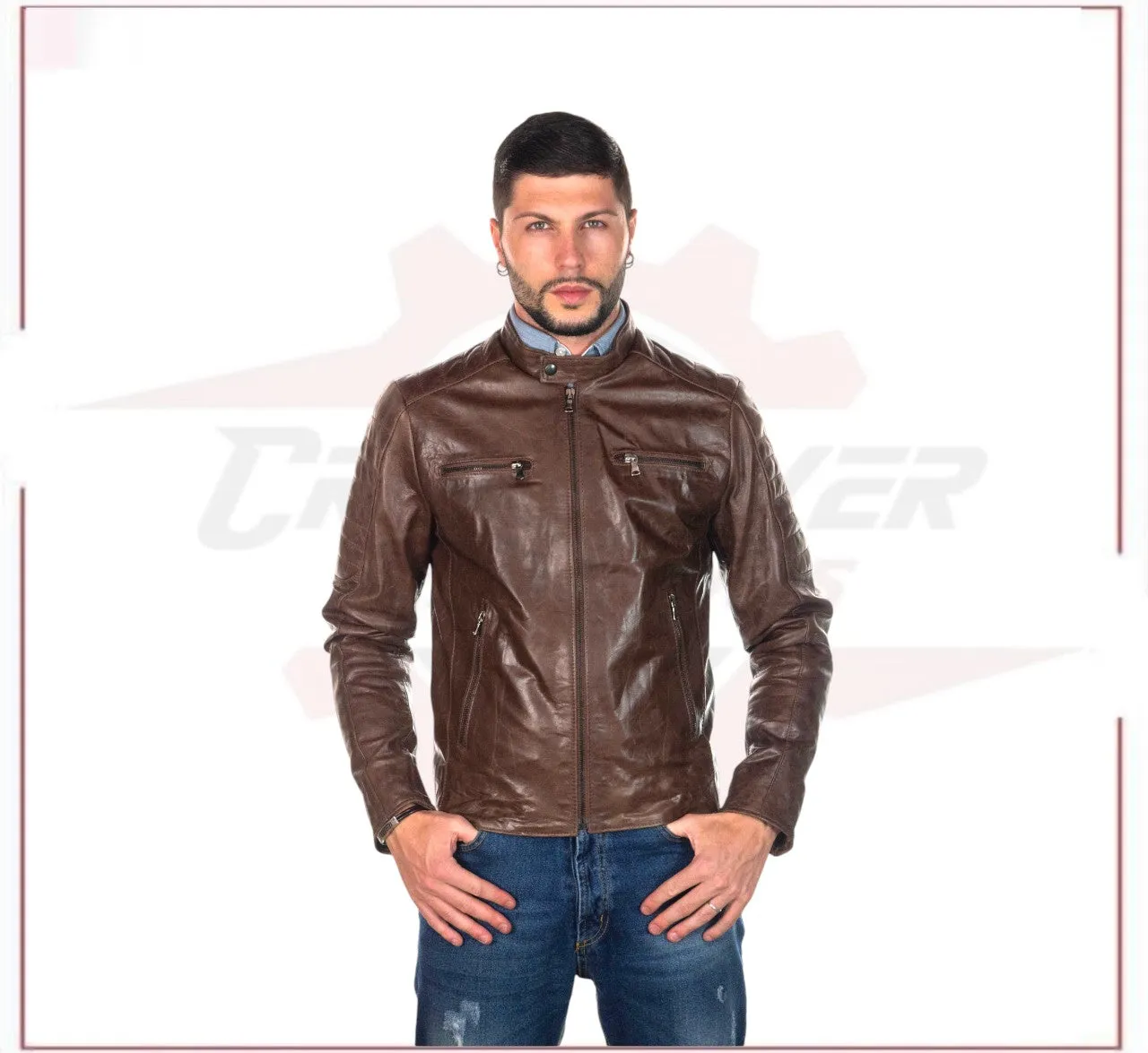 Men's Biker Jacket in Genuine Dark Brown Oil Vintage Leather