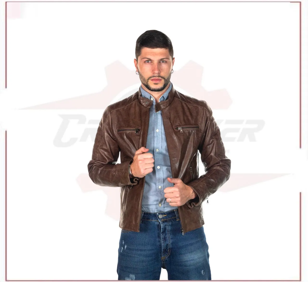 Men's Biker Jacket in Genuine Dark Brown Oil Vintage Leather