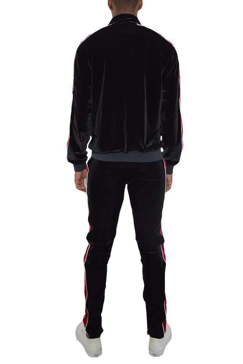 Mens Black Red Velour Track Set Zip Front Jacket Pants