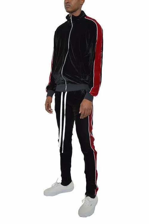 Mens Black Red Velour Track Set Zip Front Jacket Pants