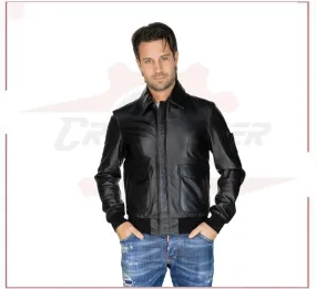 Men's Bomber Jacket in Genuine Black Leather