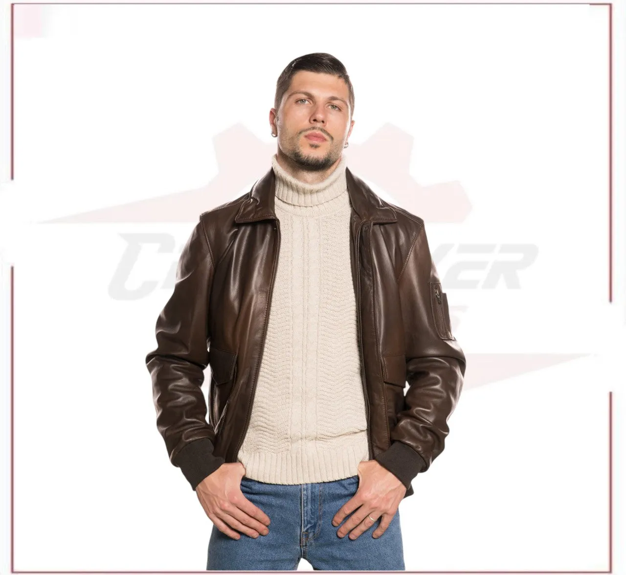 Men's Bomber Jacket in Genuine Dark Brown Leather