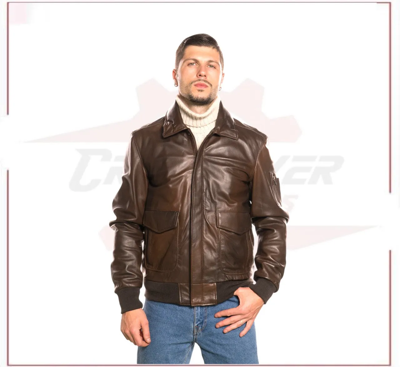 Men's Bomber Jacket in Genuine Dark Brown Leather